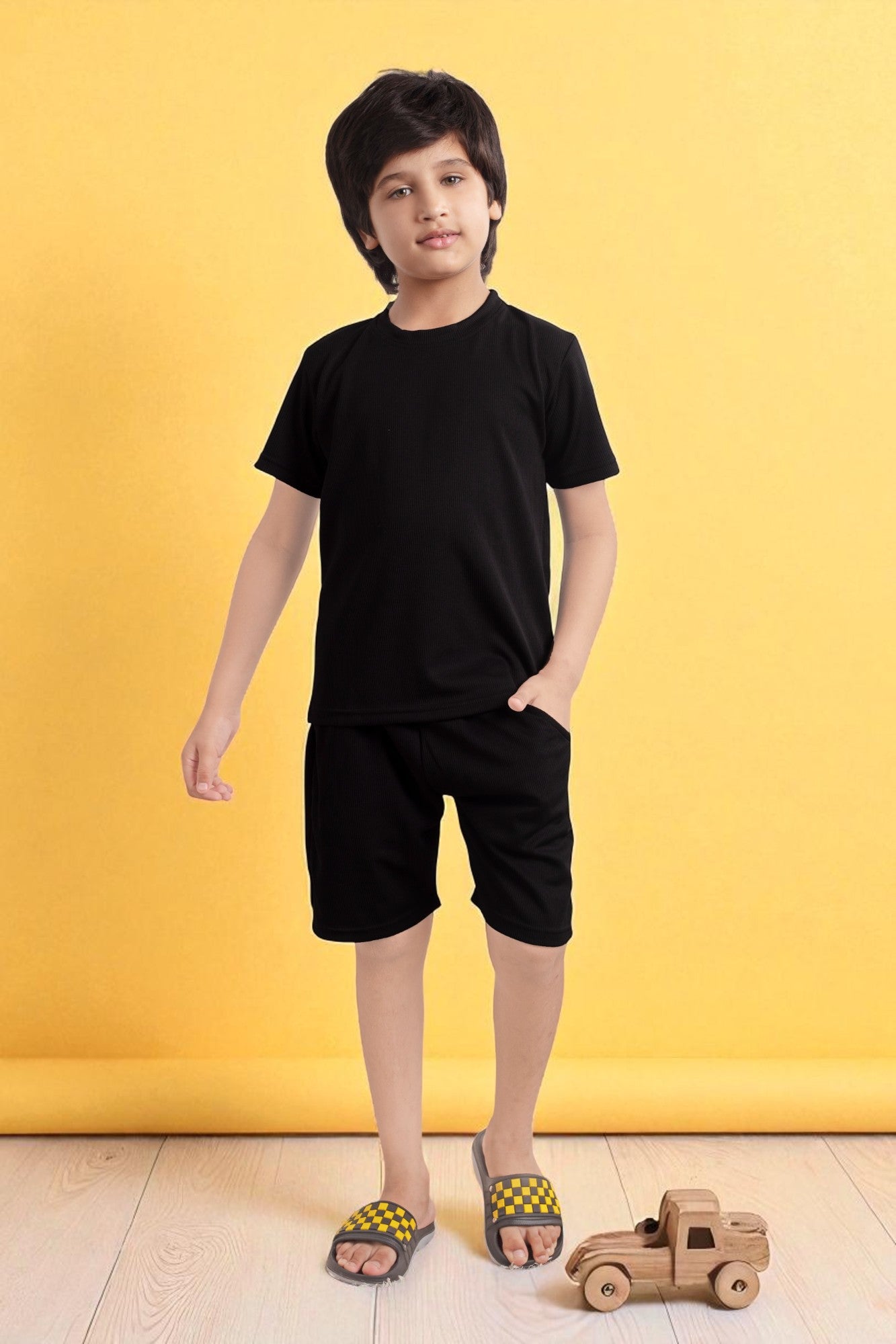 Black Pure Cotton Mario rib kids shorts set