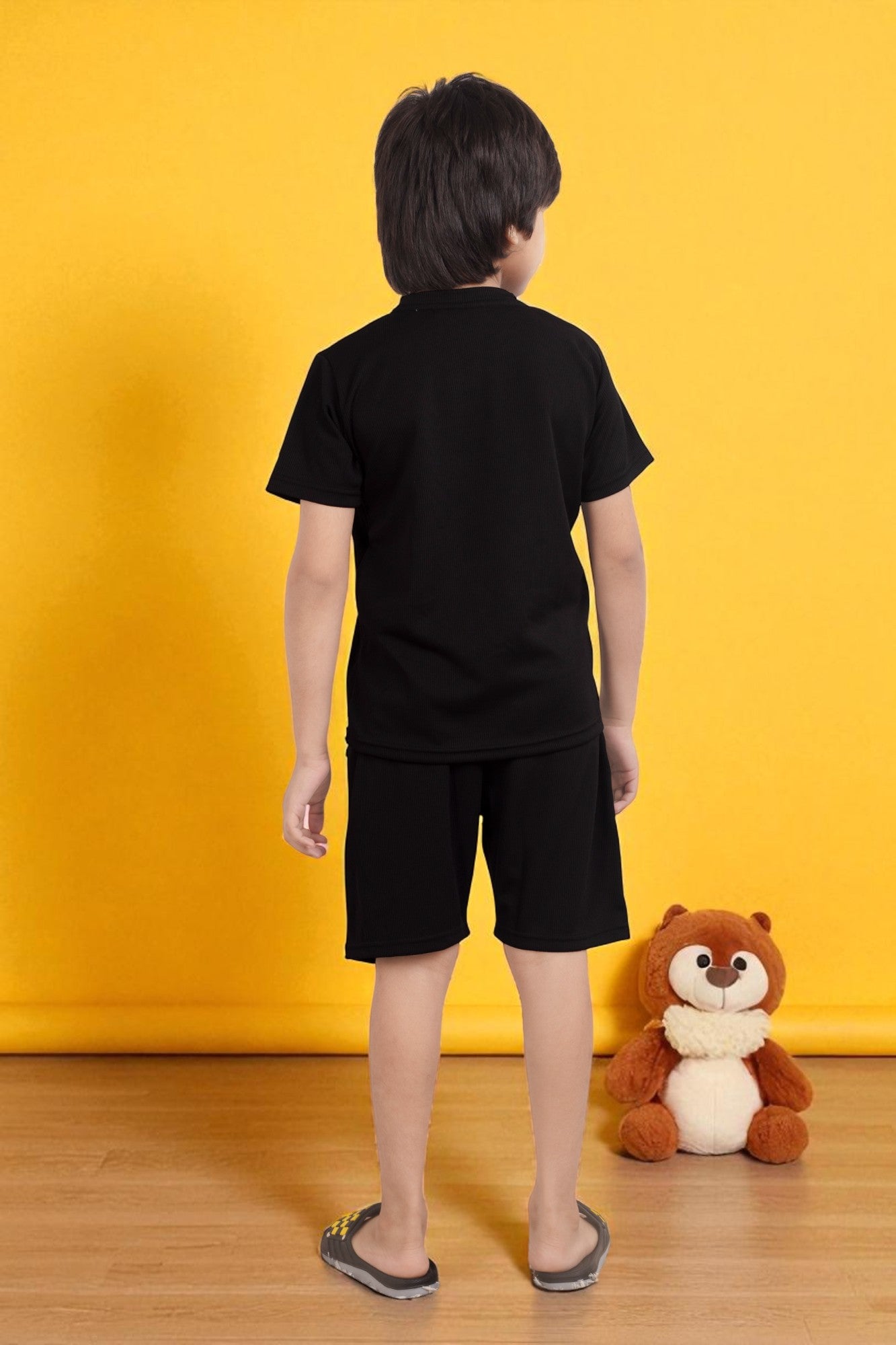 Black Pure Cotton Mario rib kids shorts set