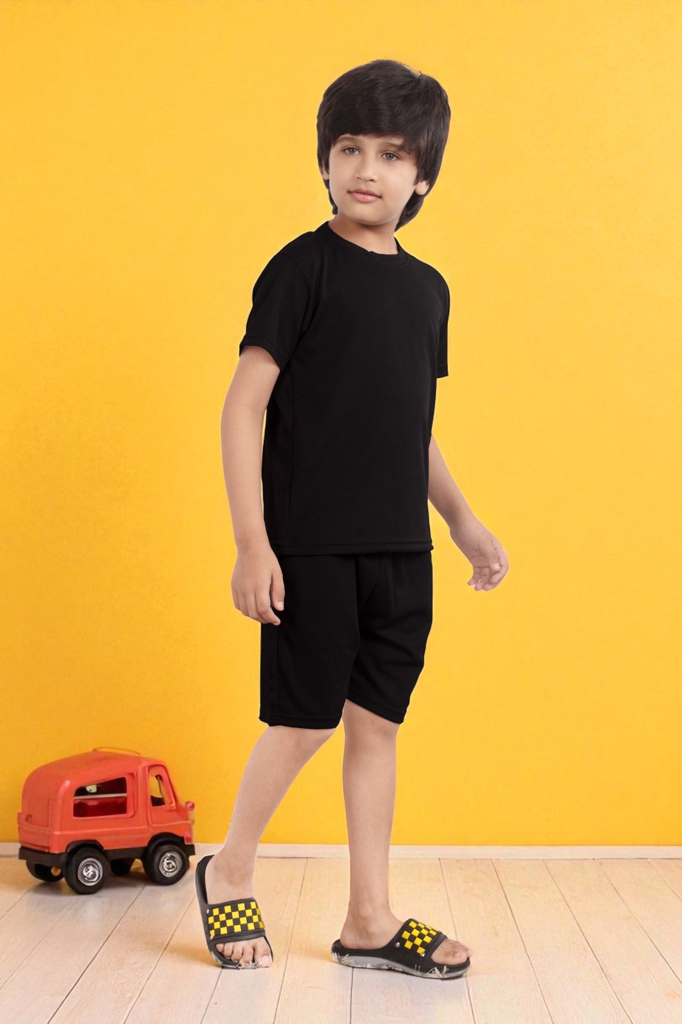 Black Pure Cotton Mario rib kids shorts set