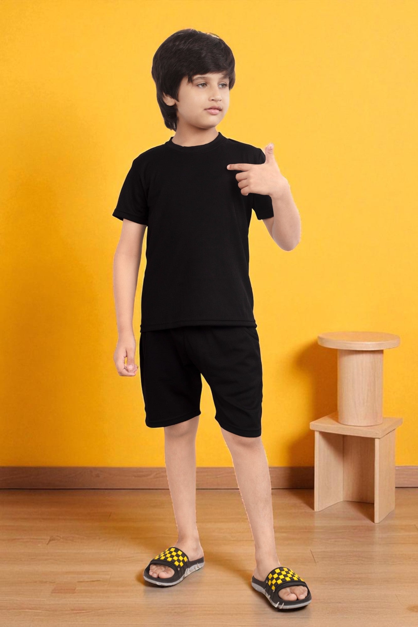 Black Pure Cotton Mario rib kids shorts set