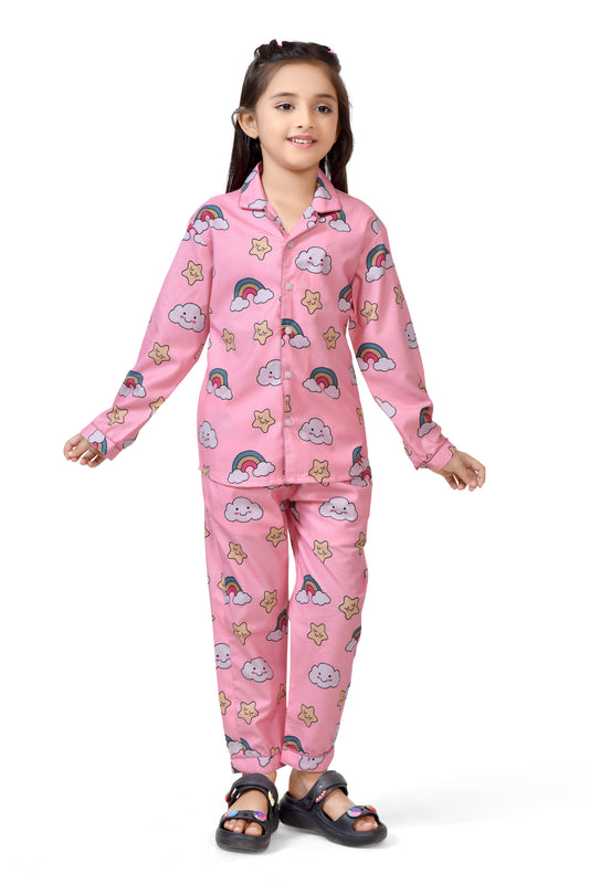 Baby Pink Rainbow Print Girls Cotton Night Suit - Full-Length View | CLUB96