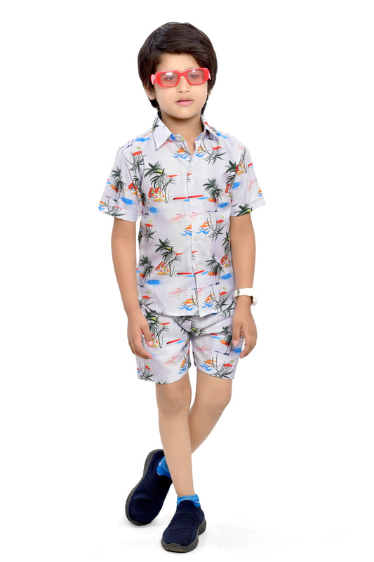 Beach Vacation Special White Printed Cotton Co-Ord Set for Boys - Club96