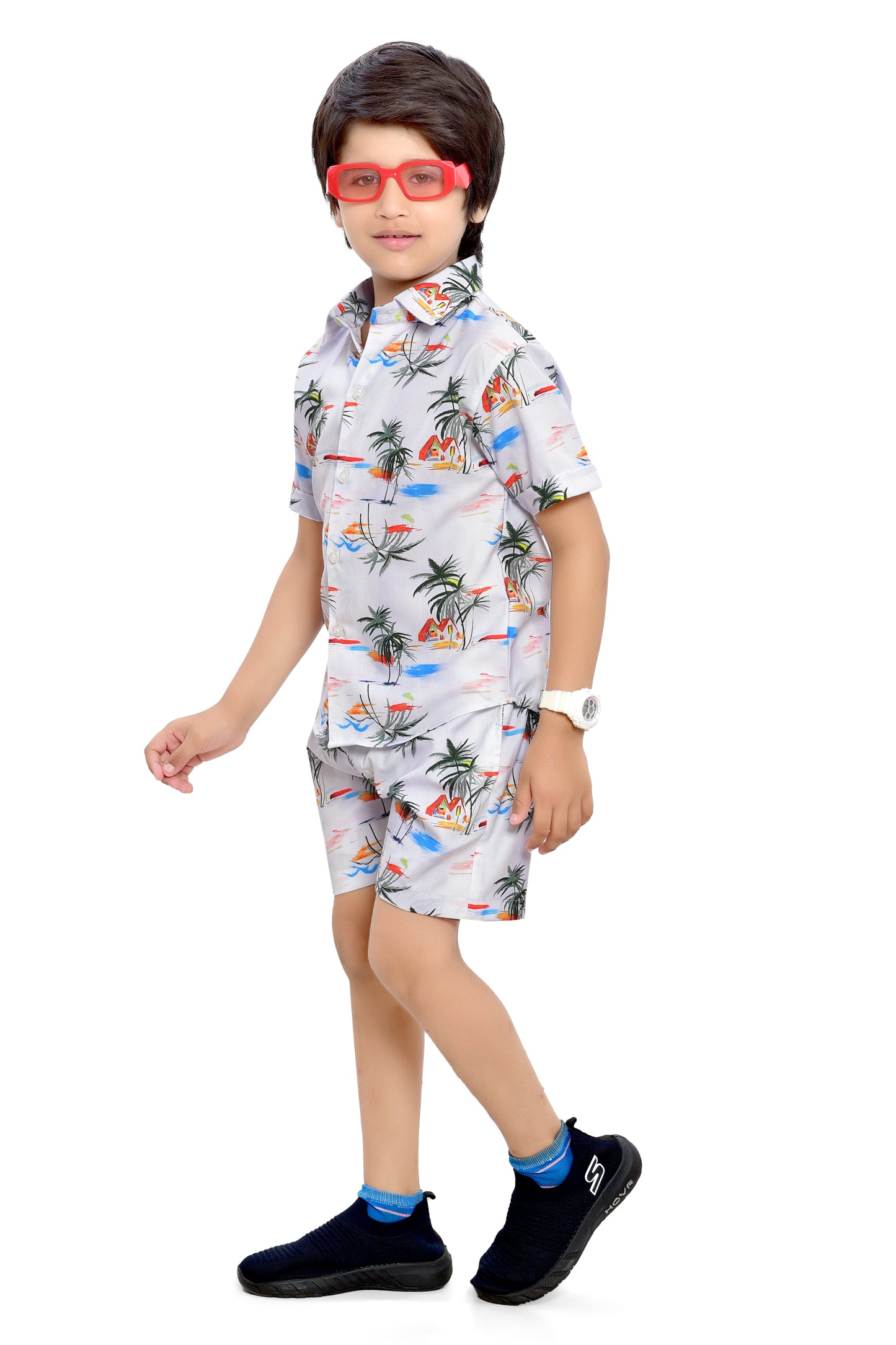 Beach Vacation Special White Printed Cotton Co-Ord Set for Boys - Front