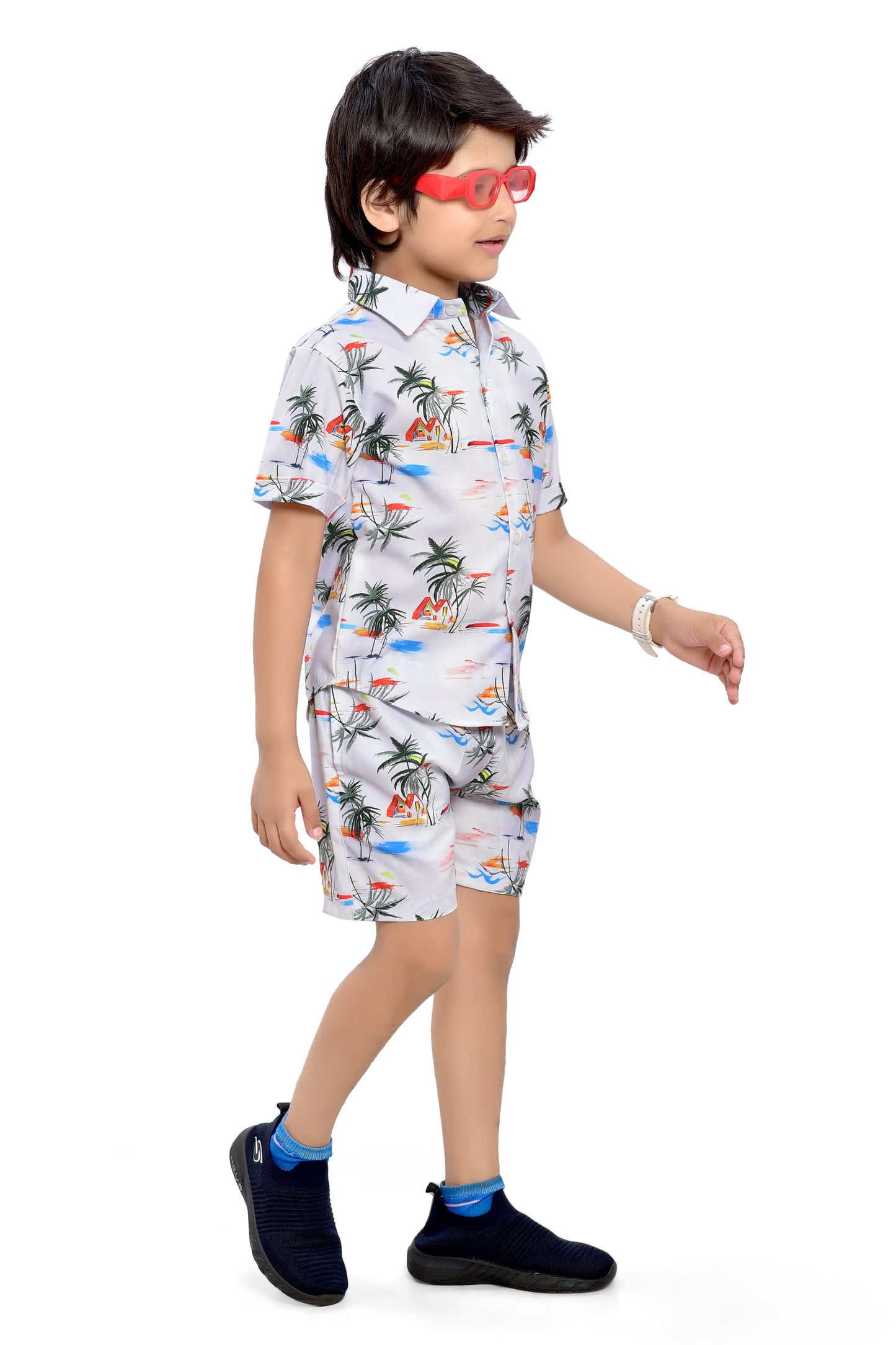 Beach Vacation Special White Printed Cotton Co-Ord Set for Boys - Stylist