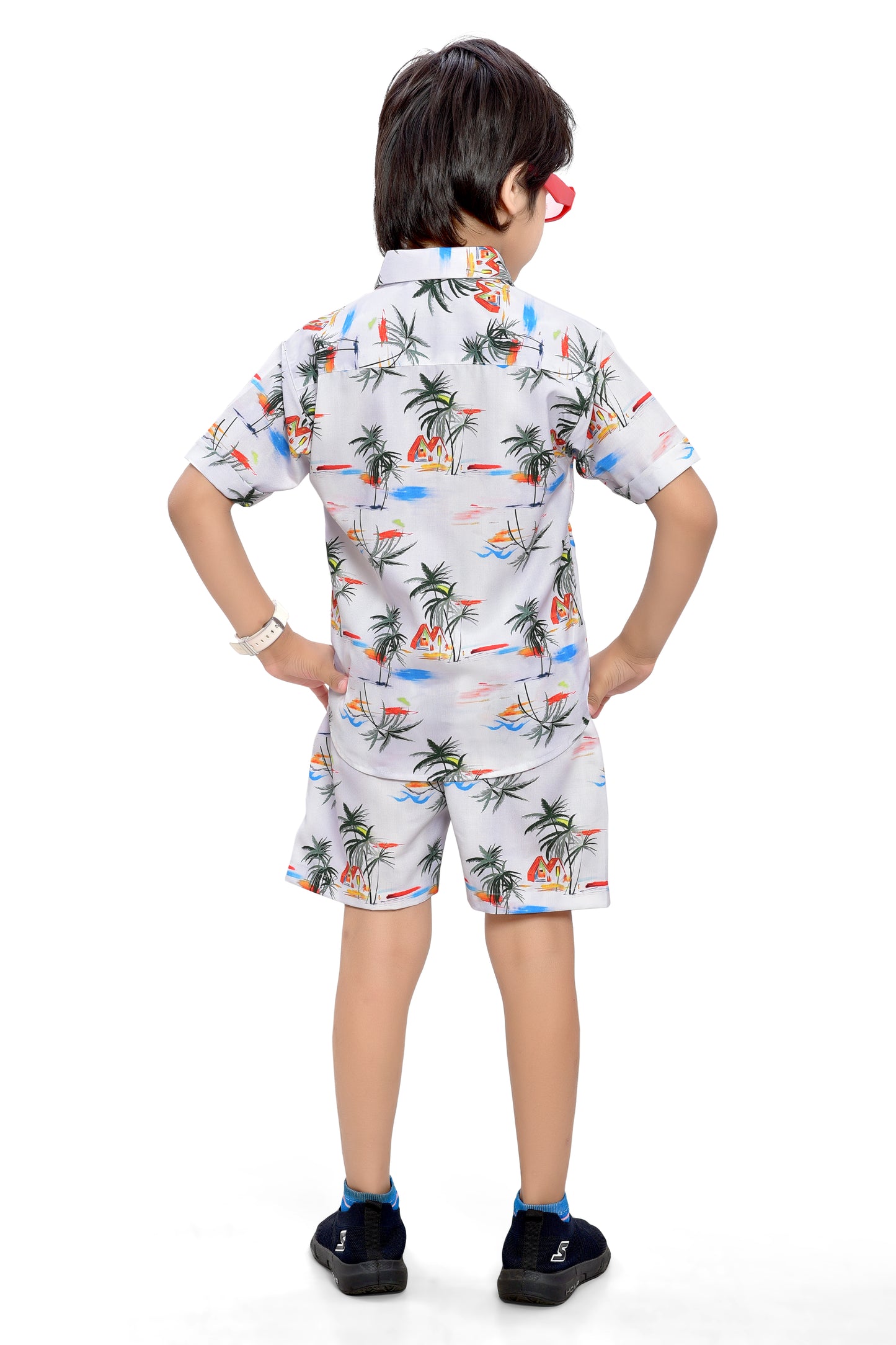 Beach Vacation Special White Printed Cotton Co-Ord Set for Boys - Back