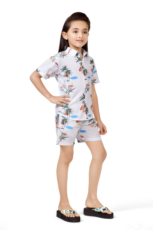 Beach Vacation Special White Printed Girls Cotton Co-Ord Set - Front