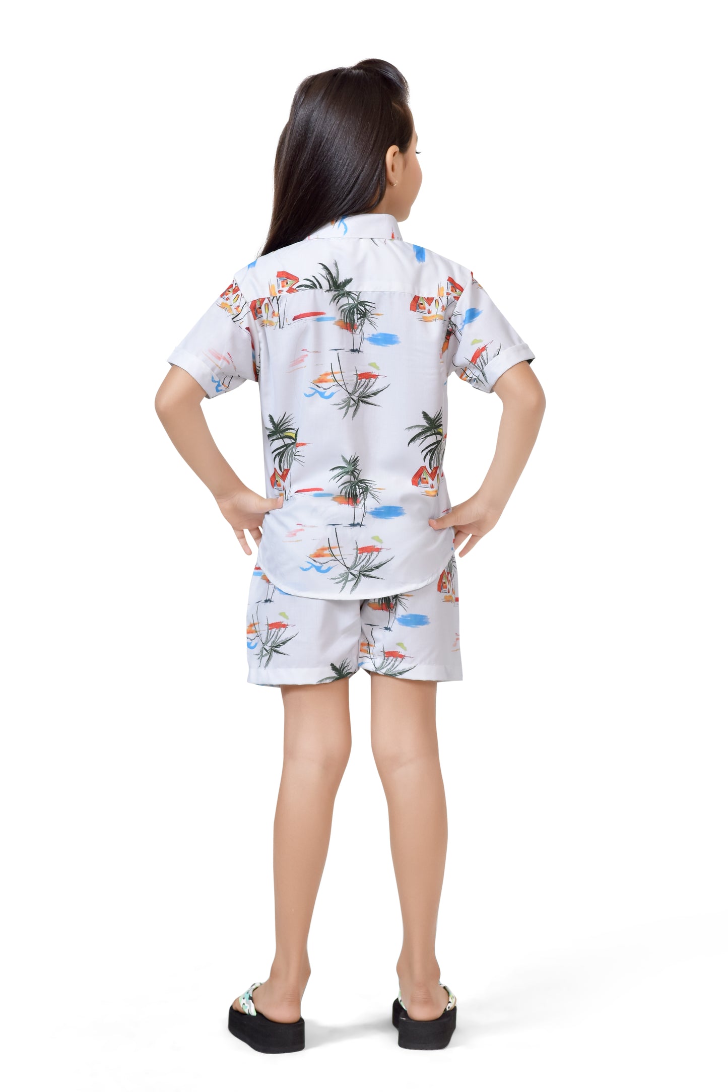 Beach Vacation Special White Printed Girls Cotton Co-Ord Set - Back