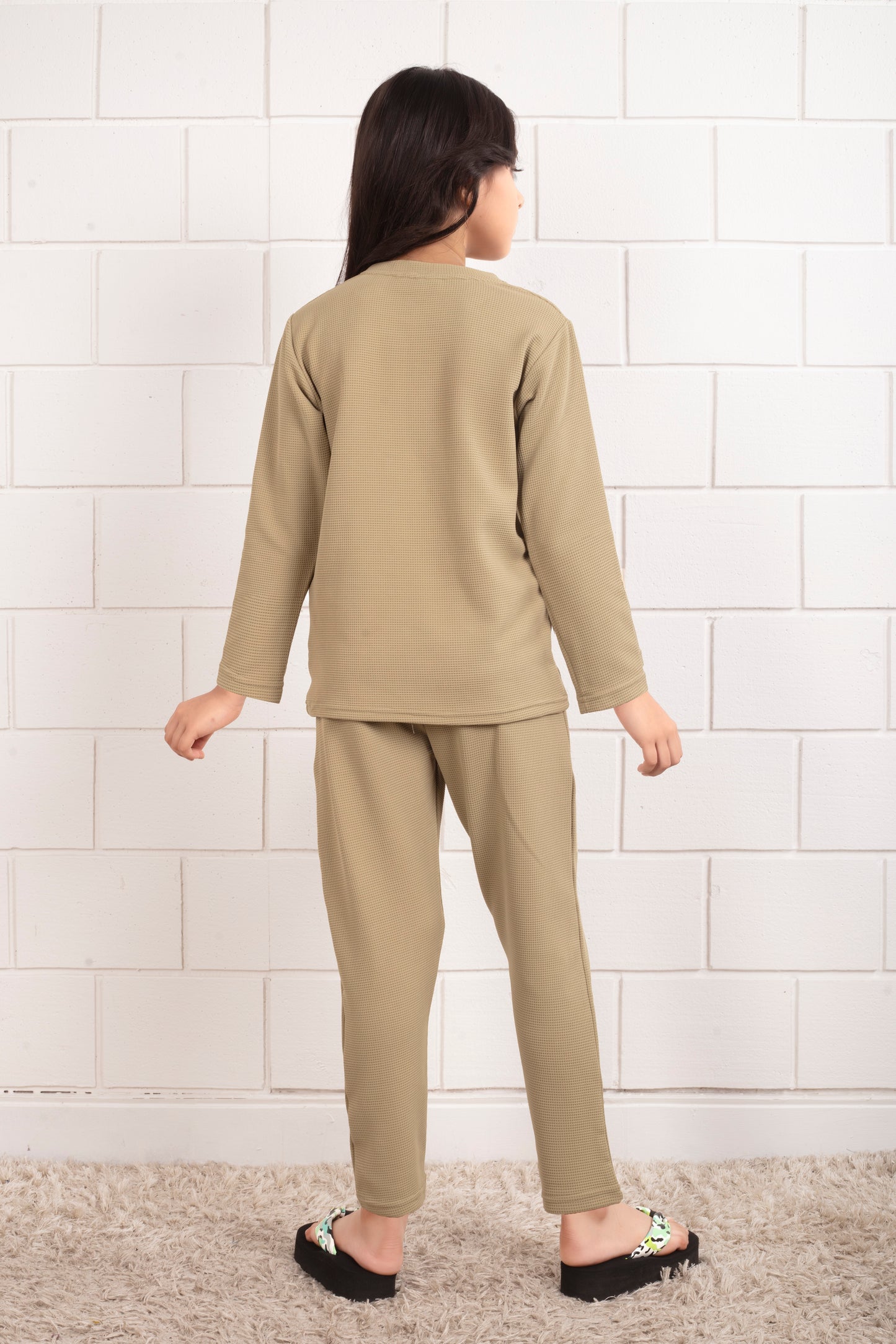 Beige_Pure_Waffle_Cotton_girls_pajama_sets - BackView