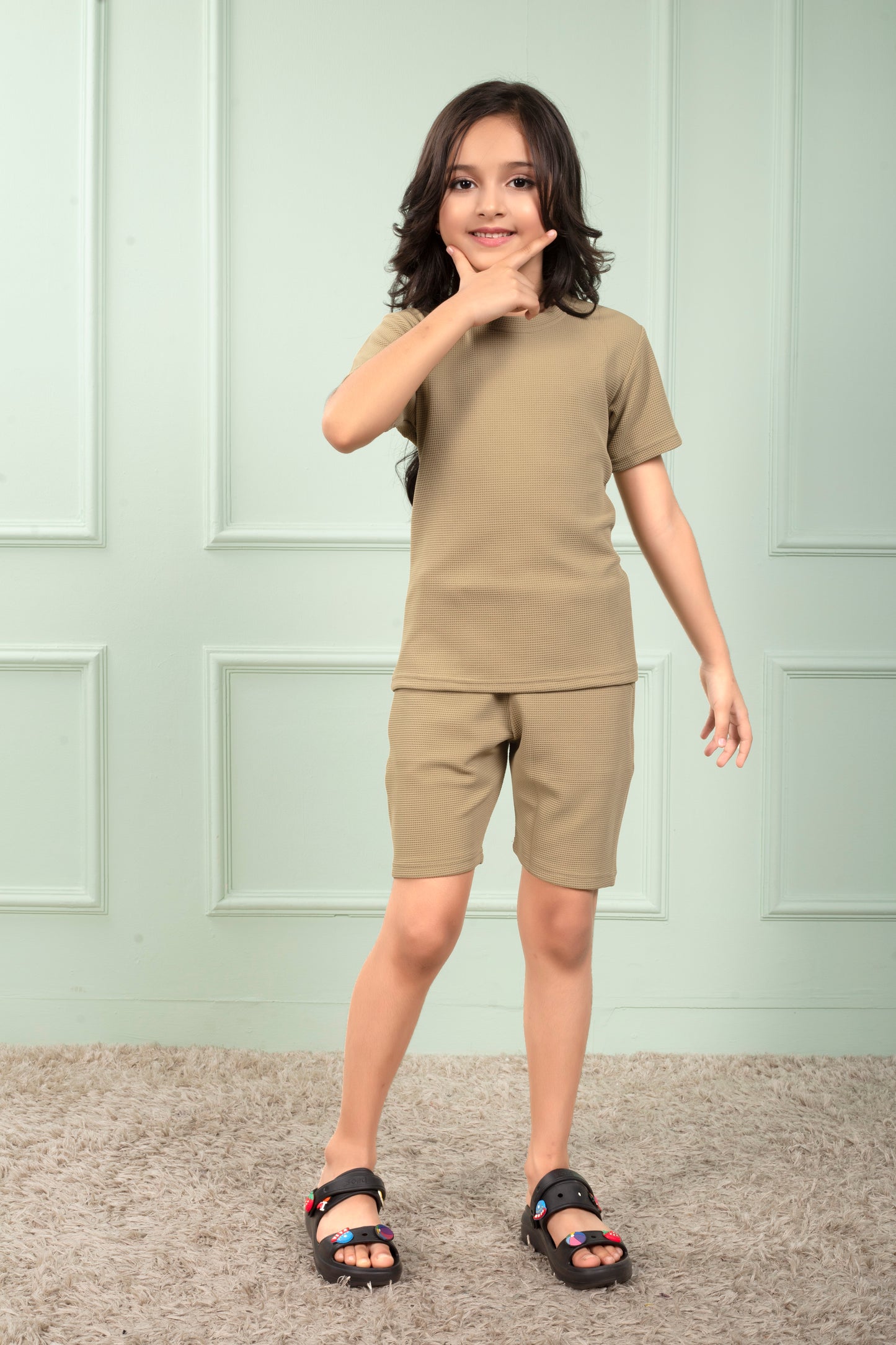 Beige_Pure_Waffle_Cotton_girls_shirt_and_shorts_set