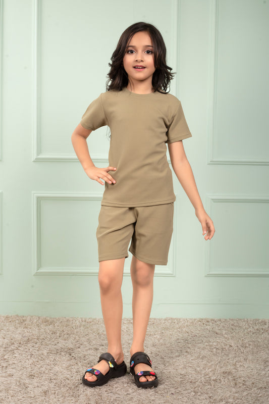 Beige_Pure_Waffle_Cotton_girls_shirt_and_shorts_set - FrontView