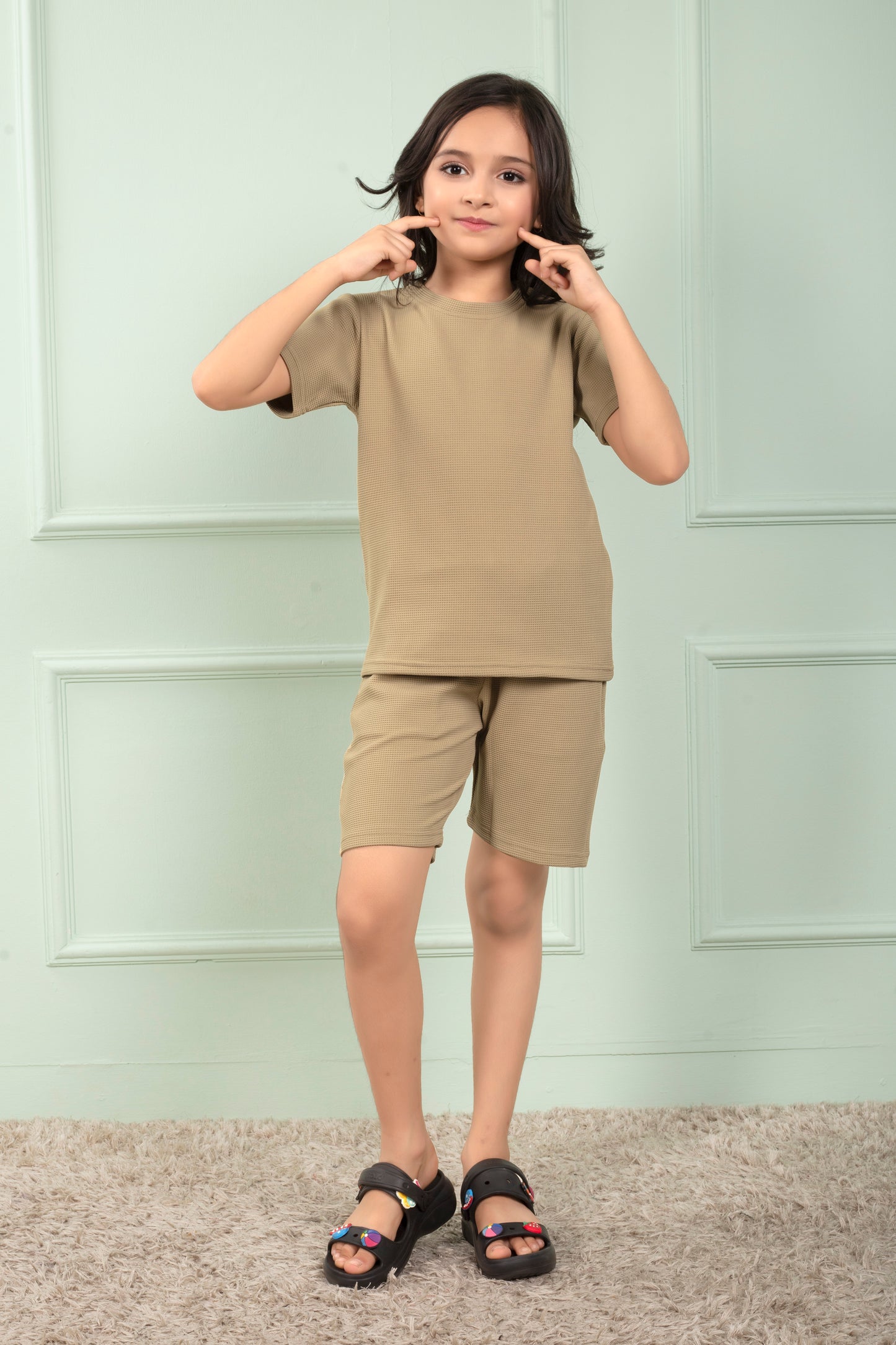 Beige_Pure_Waffle_Cotton_girls_shirt_and_shorts_set - Stylish