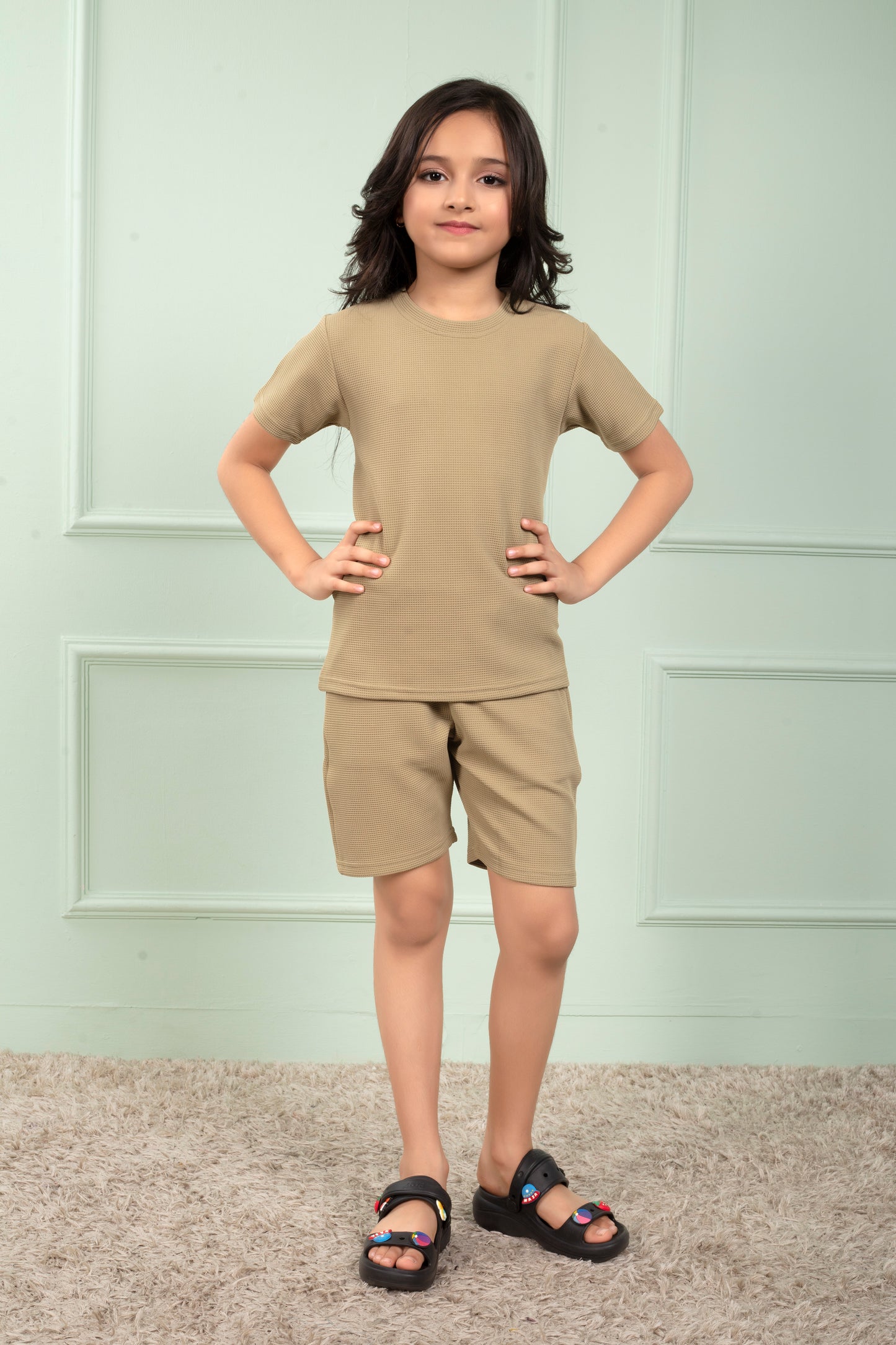 Beige_Pure_Waffle_Cotton_girls_shirt_and_shorts_set - Front