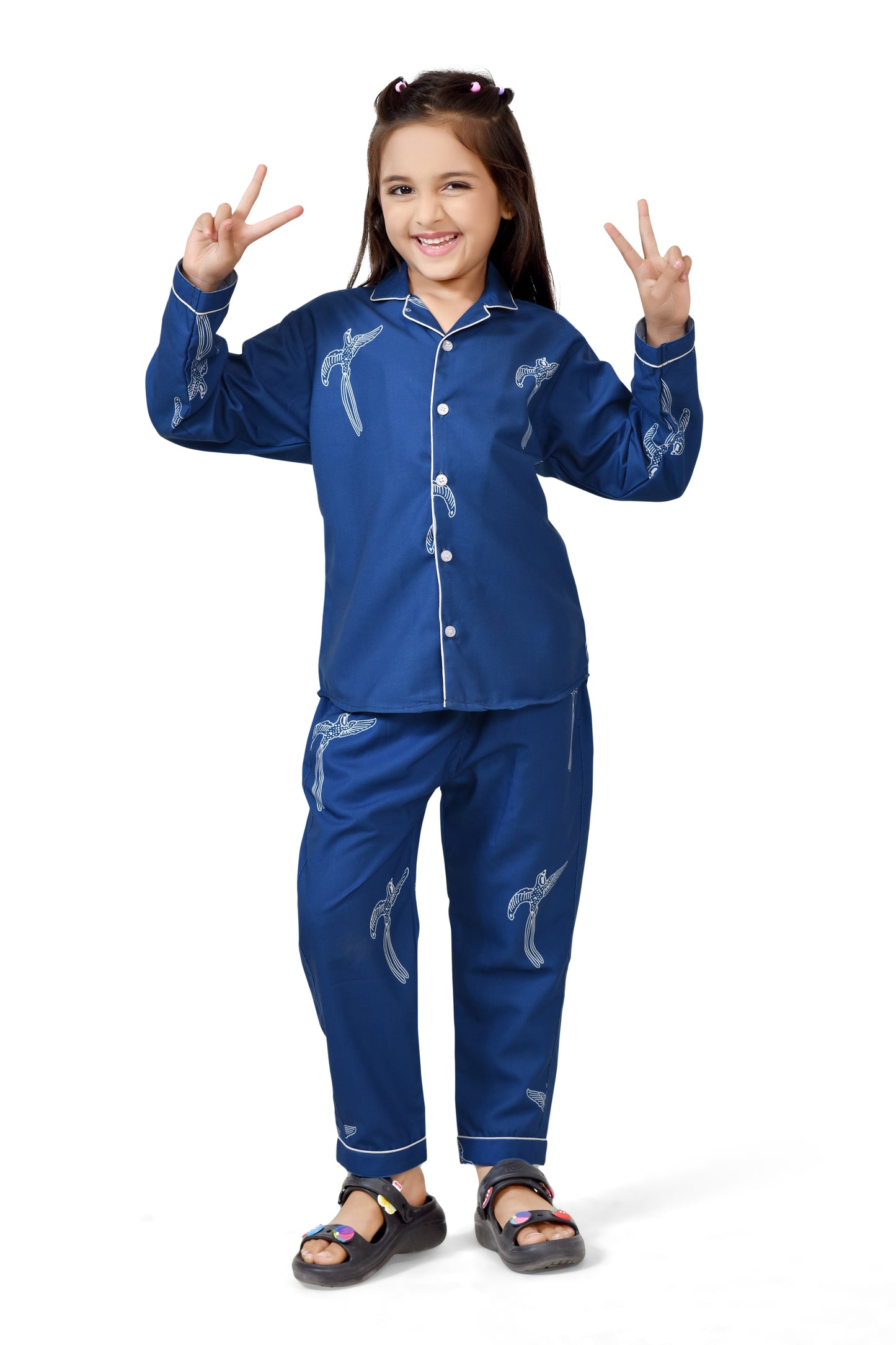 Bird Abstract Printed Solid Blue Long Girls cotton Nightwear - Club96