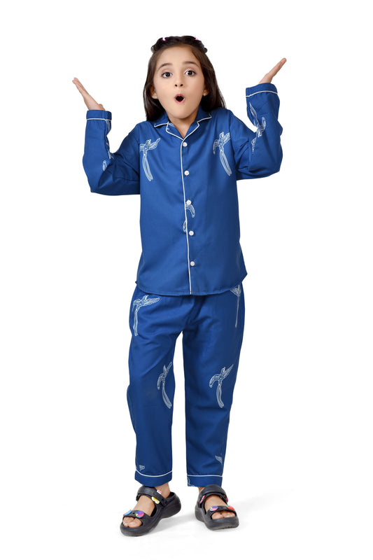 Royal Blue Bird Print Girls Cotton Night Suit - Front View 2 | CLUB96