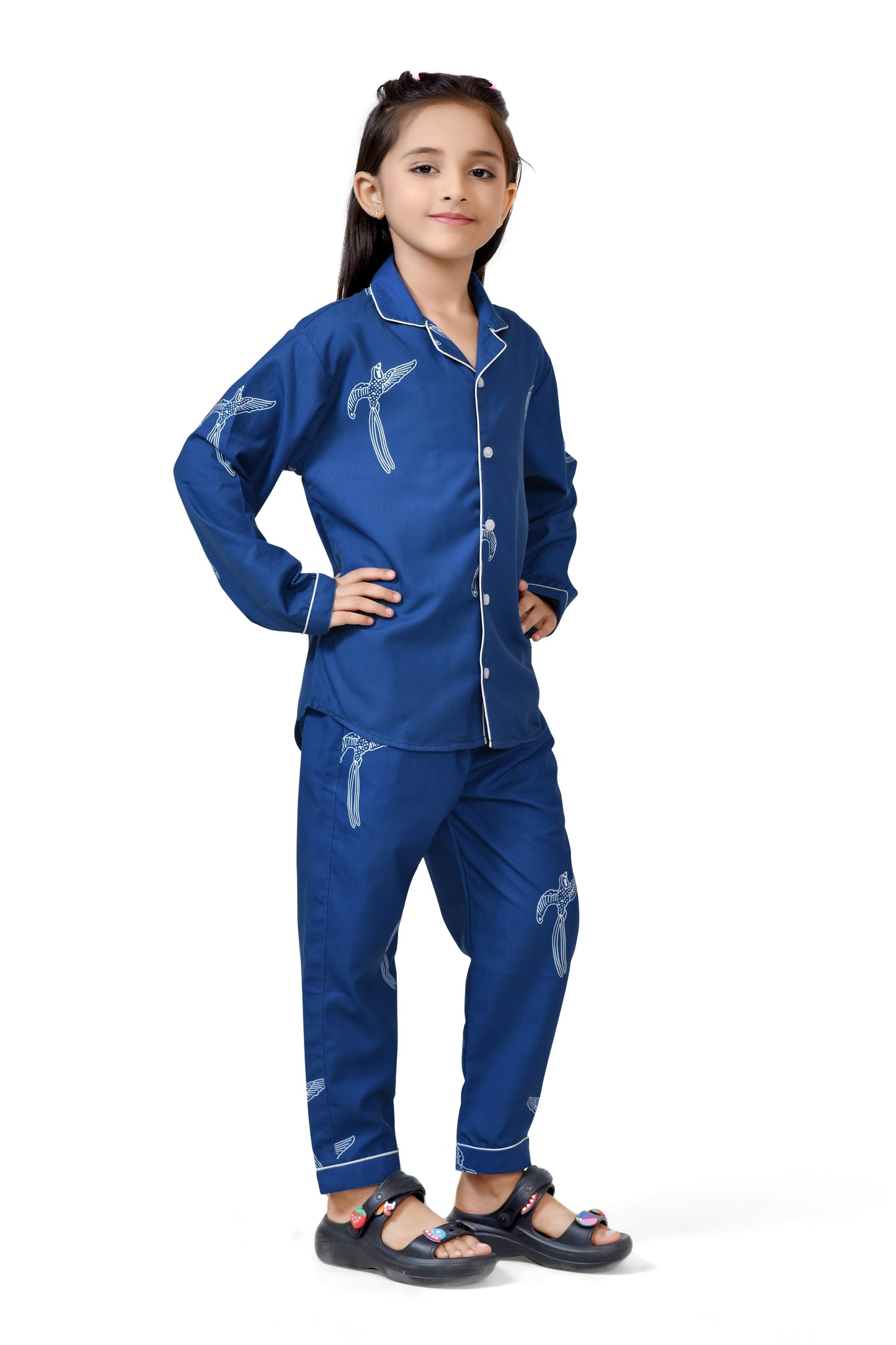 Bird Abstract Printed Solid Blue Long Girls cotton Nightwear - Full Sleeve