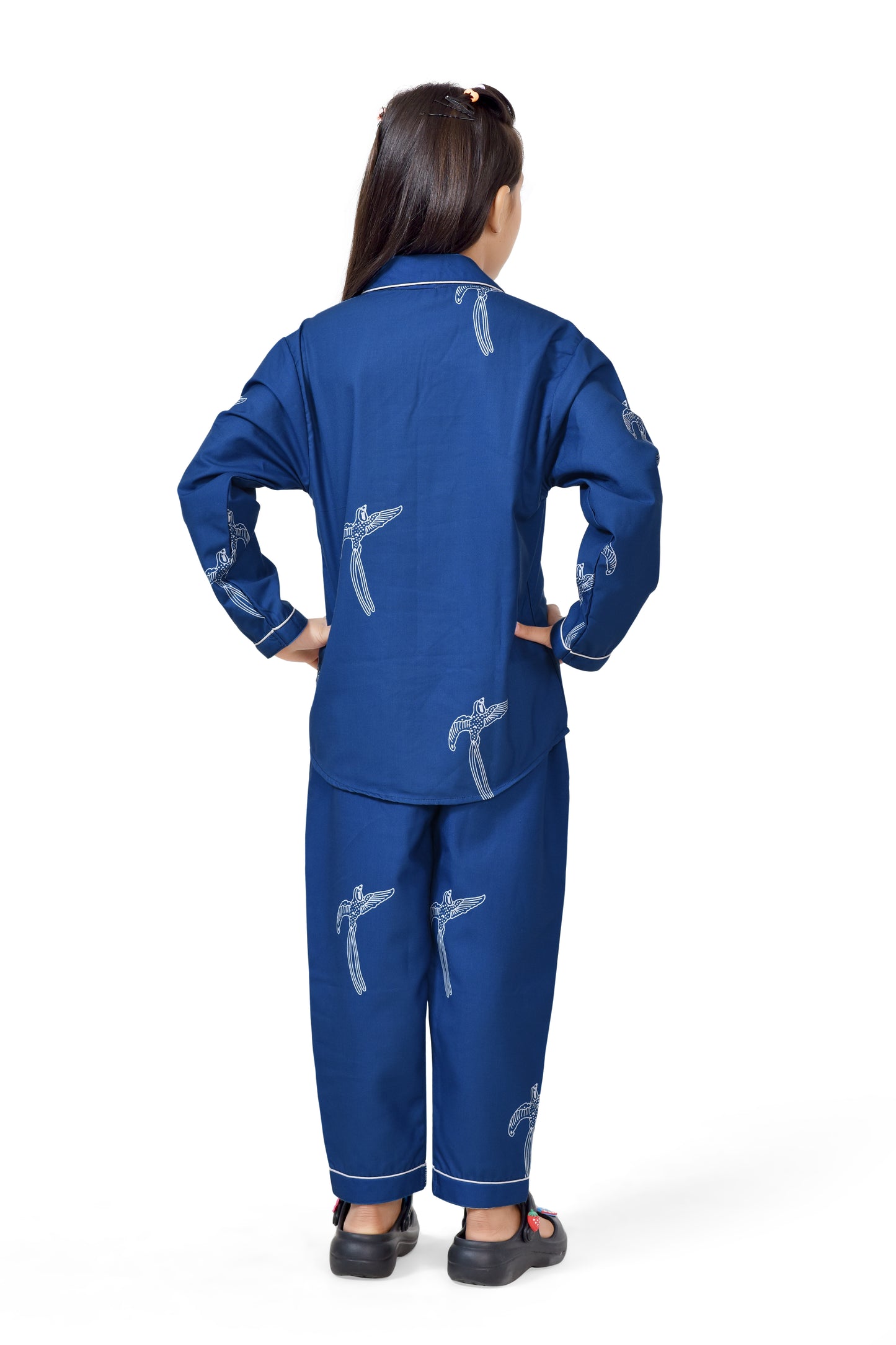 Bird Abstract Printed Solid Blue Long Girls cotton Nightwear - Back