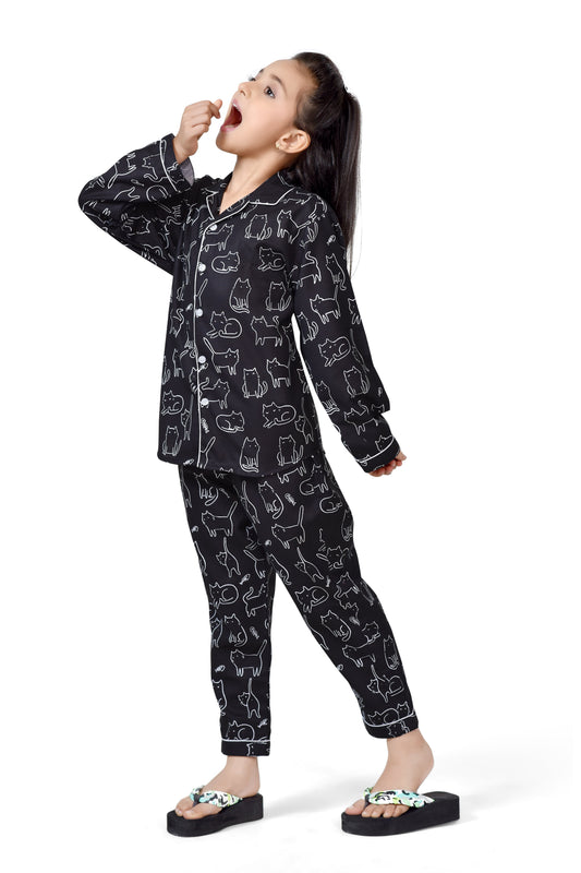 Black Celestial Cat Print Girls Cotton Night Suit - Side View | CLUB96