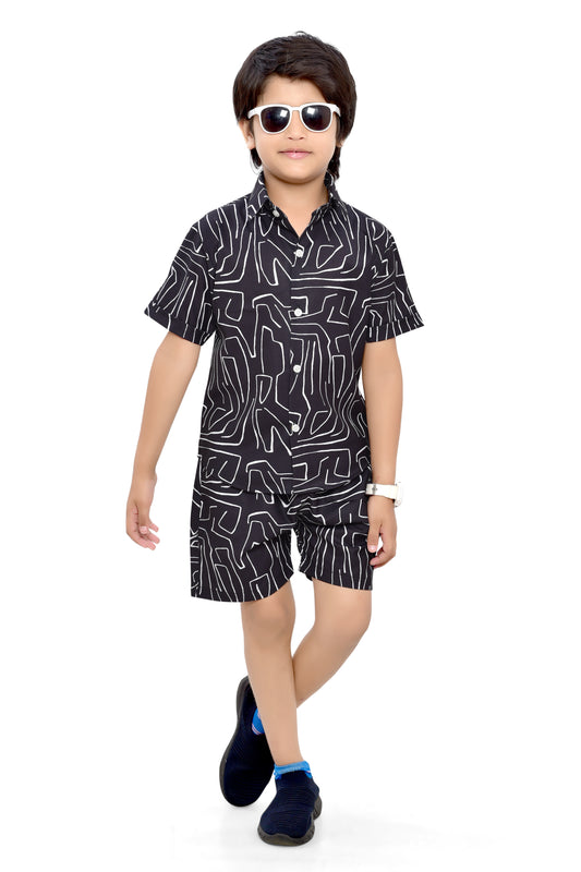 Black Abstract Lines Printed Boys Cotton Co-Ord Set - Club96