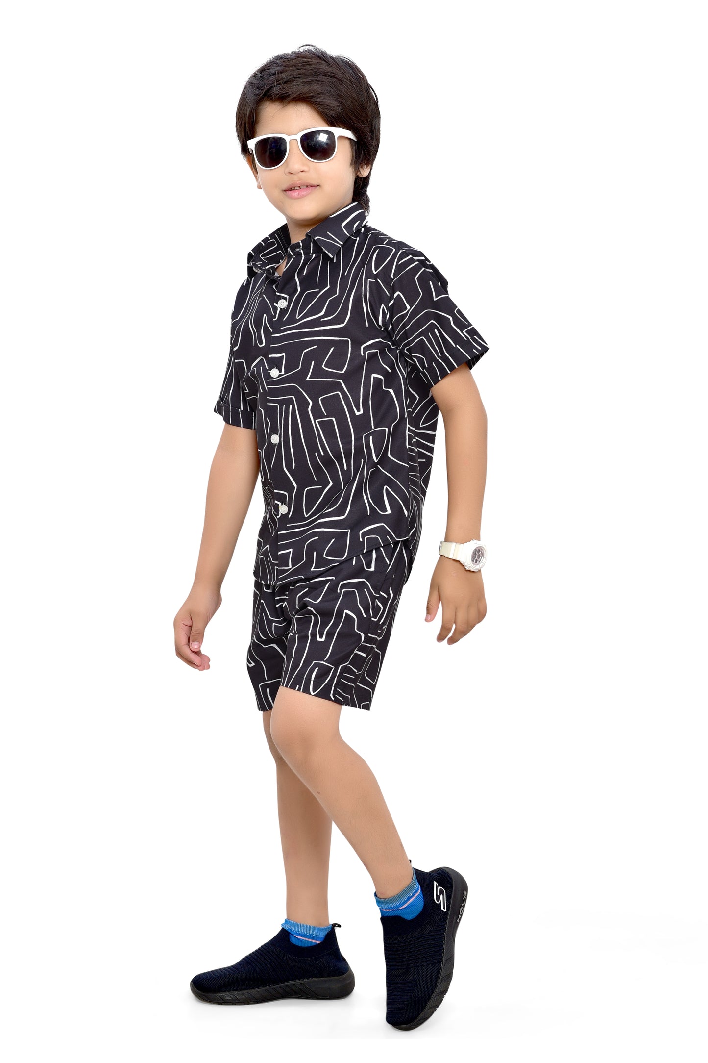 Black Abstract Lines Printed Boys Cotton Co-Ord Set - Front
