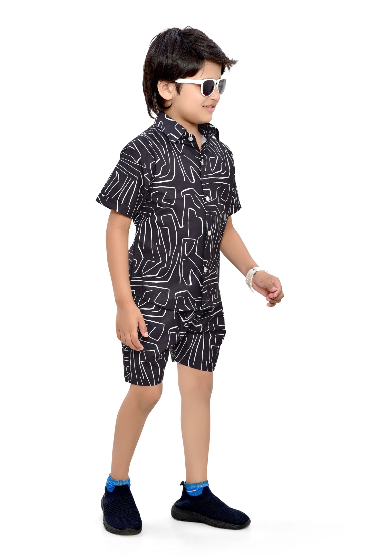 Black Abstract Lines Printed Boys Cotton Co-Ord Set - Stylist