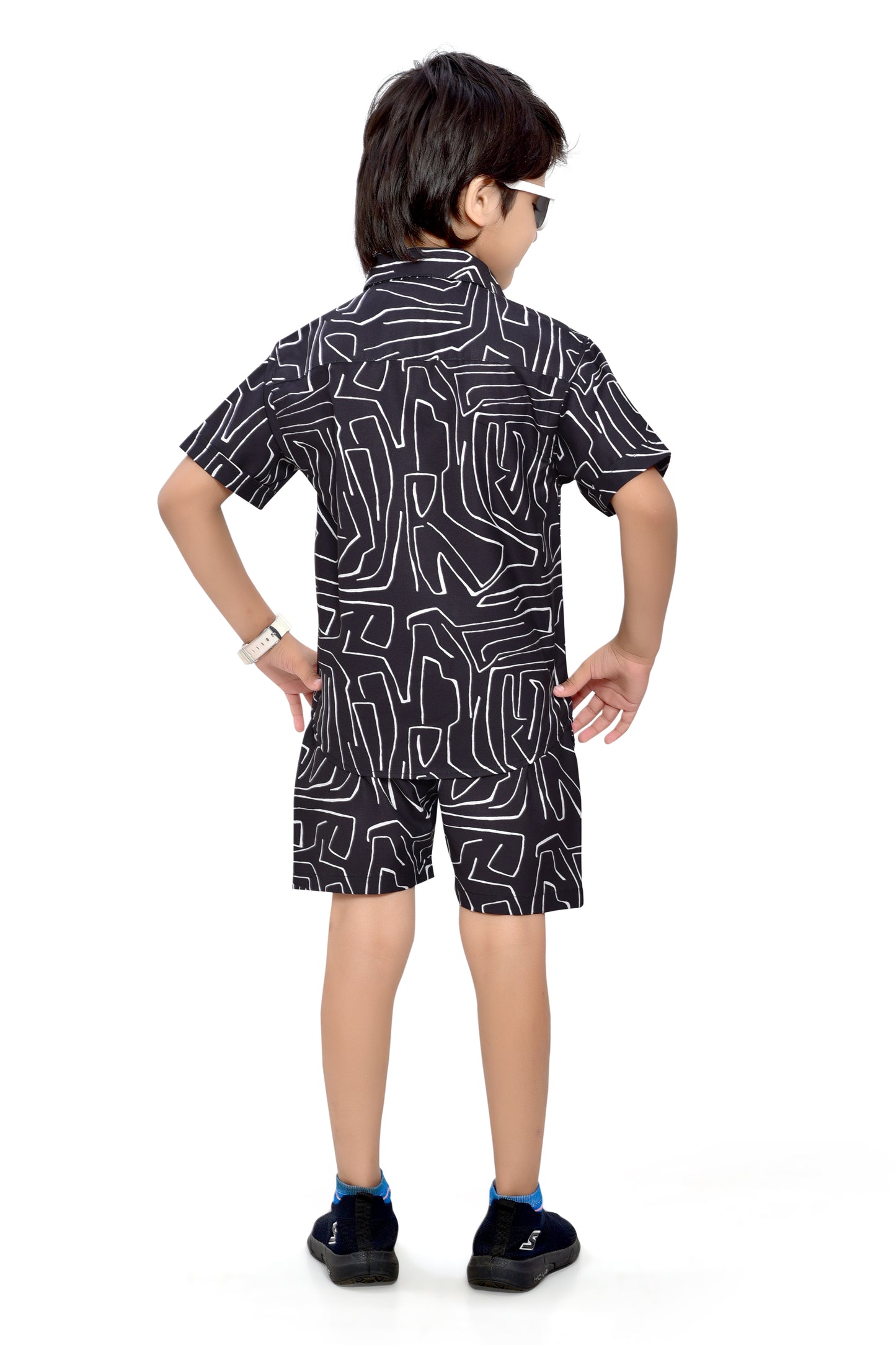 Black Abstract Lines Printed Boys Cotton Co-Ord Set - Back