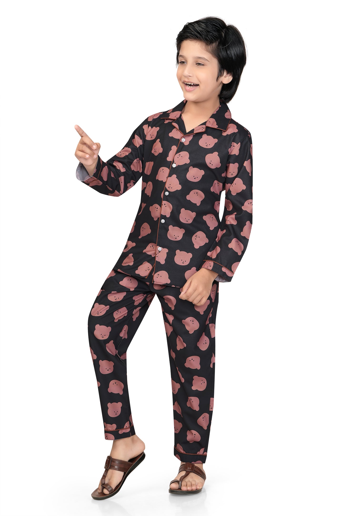 Black-Bear-Print-Cotton-Nightsuit-Set-Sideview