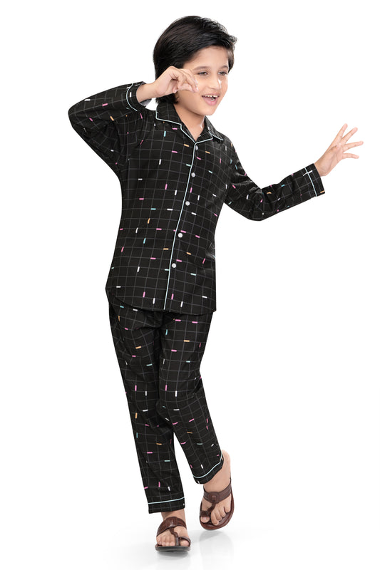 Black-Grid-Checks-Printed-Cotton-Nightsuit-Set-FrontView