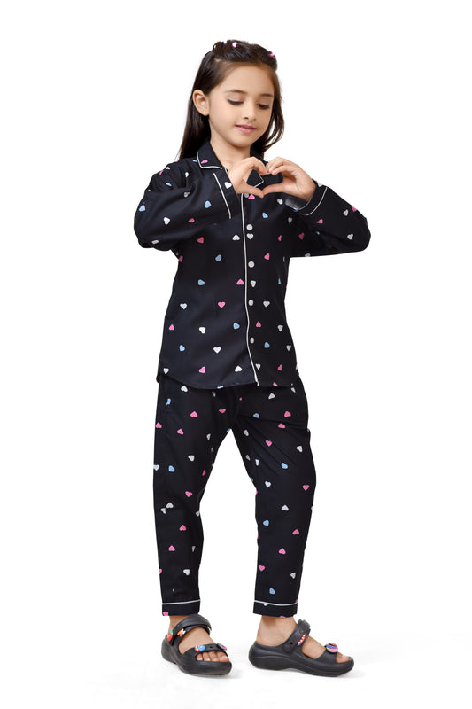 Black Multicolour Heart Print Girls Cotton Night Suit - Front View 2 | CLUB96