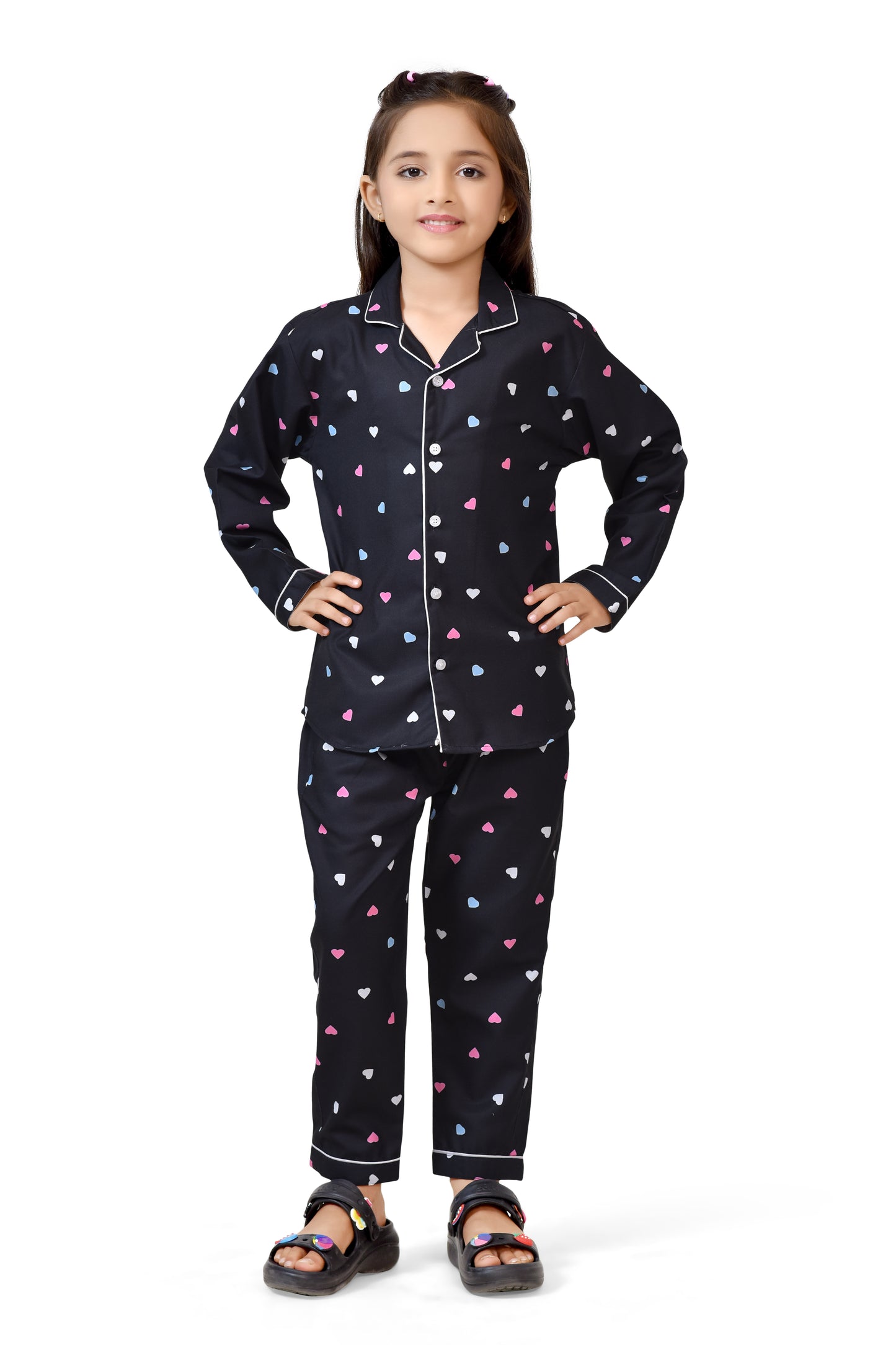 Black Heart Printed Girls Nightsuit Set - Full Sleeve