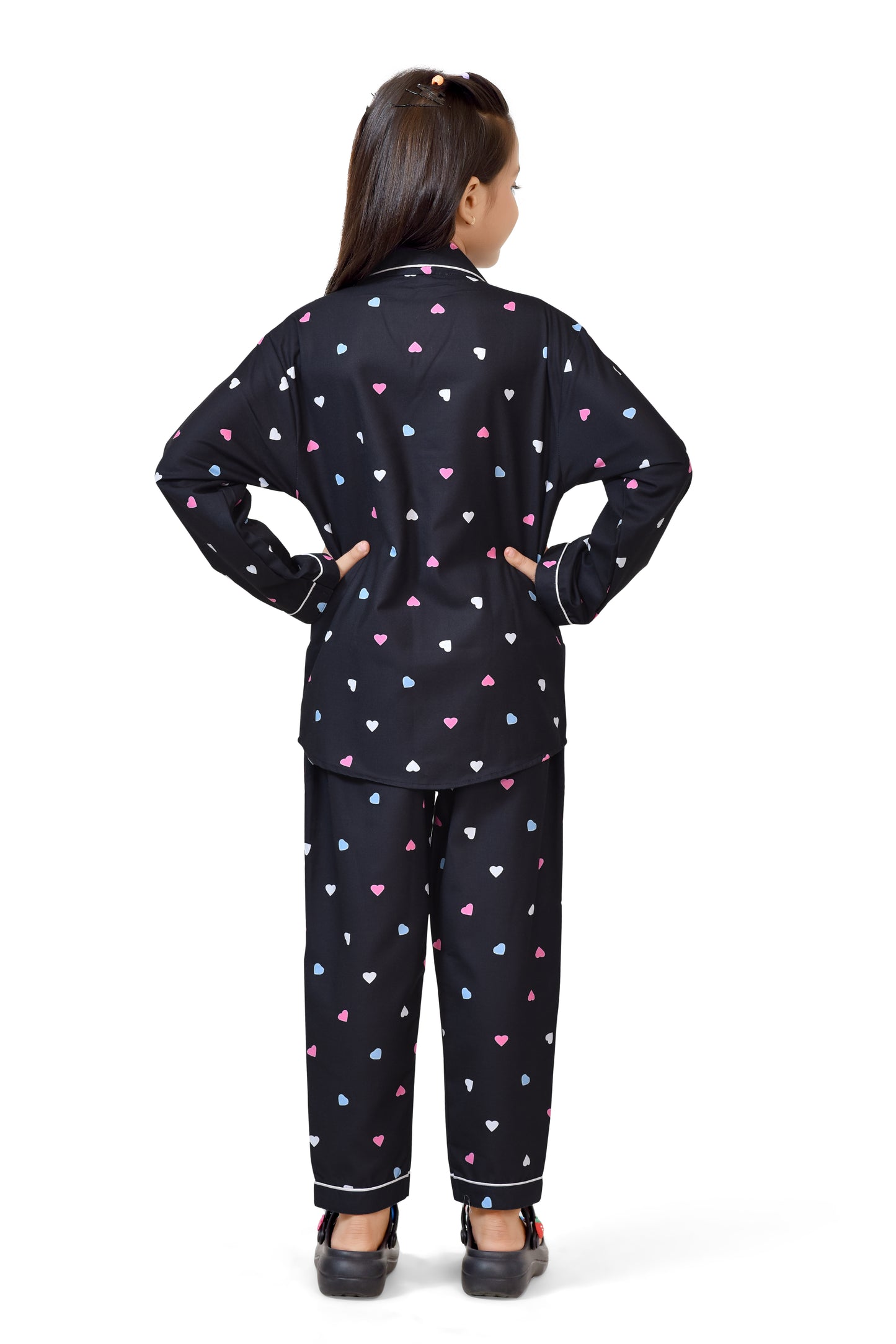 Black Heart Printed Girls Nightsuit Set - Back