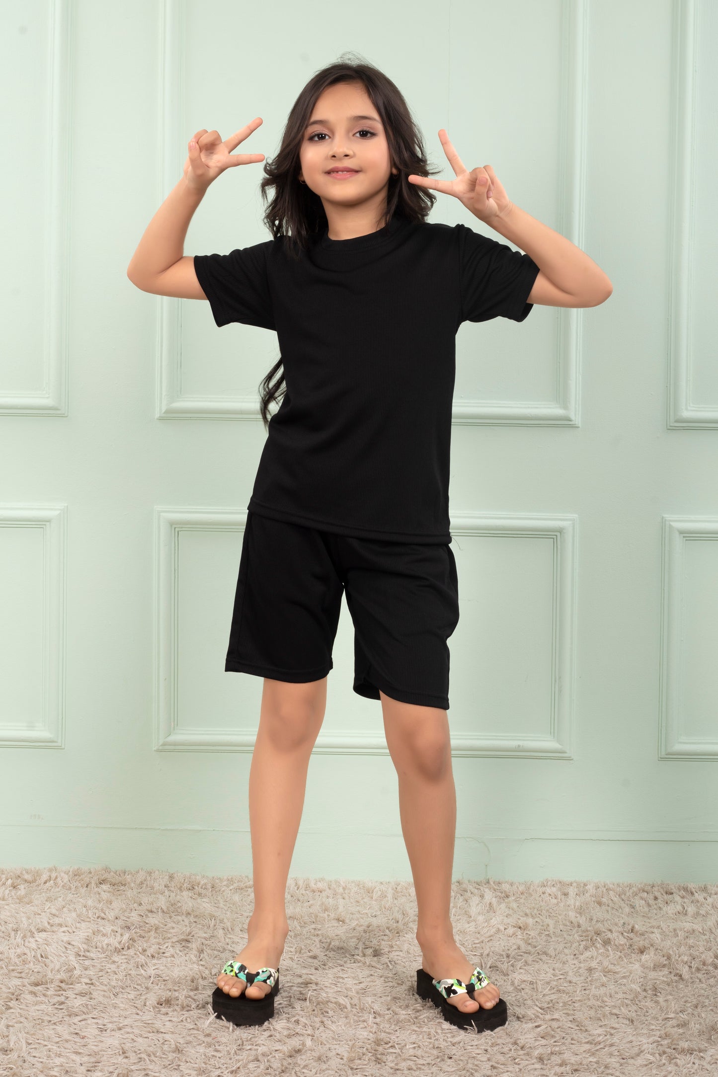 Black_Pure_Cotton_Mario_rib_Girls_night_suit_shorts_set