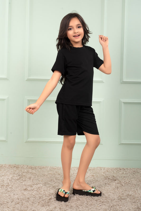 Black_Pure_Cotton_Mario_rib_Girls_night_suit_shorts_set - SideView