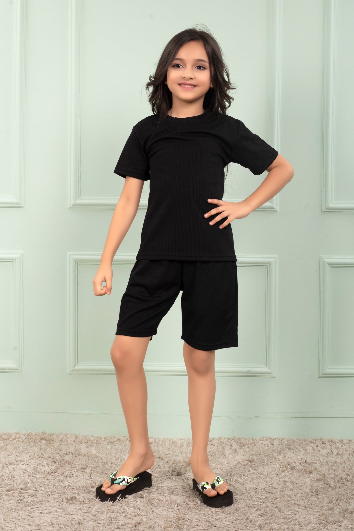 Black_Pure_Cotton_Mario_rib_Girls_night_suit_shorts_set - ForntView