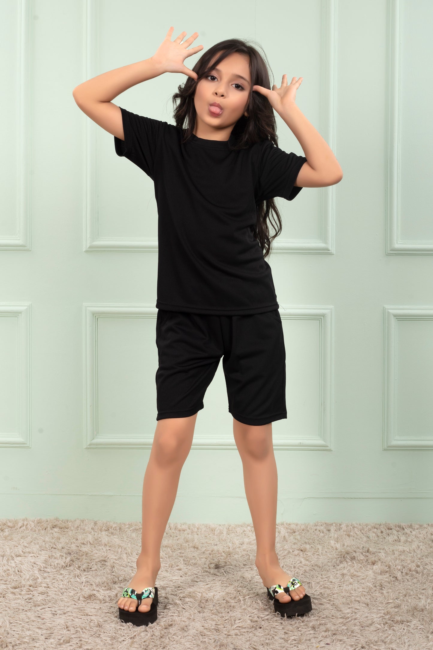Black_Pure_Cotton_Mario_rib_Girls_night_suit_shorts_set - Stylish