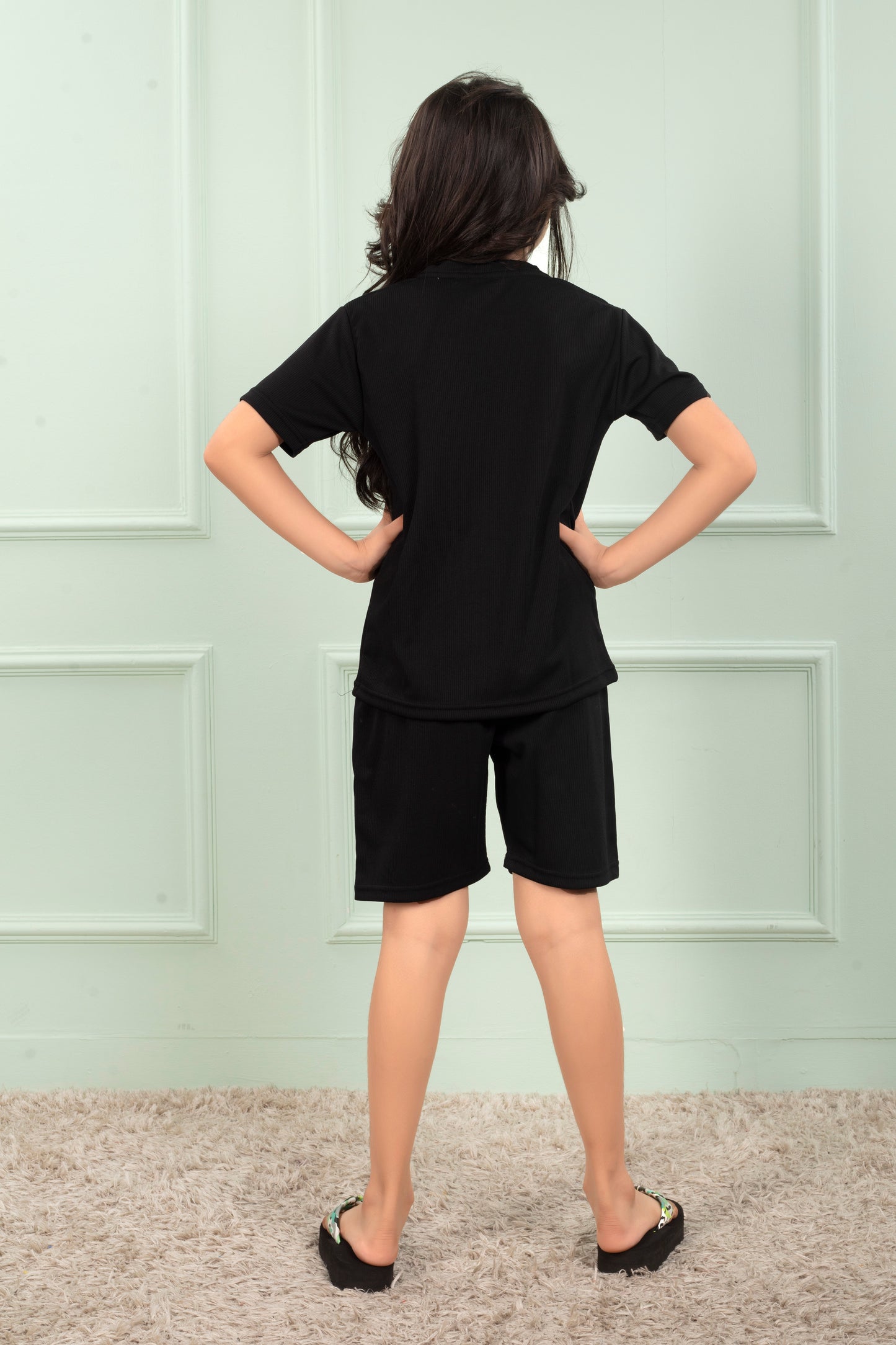 Black_Pure_Cotton_Mario_rib_Girls_night_suit_shorts_set - BackView