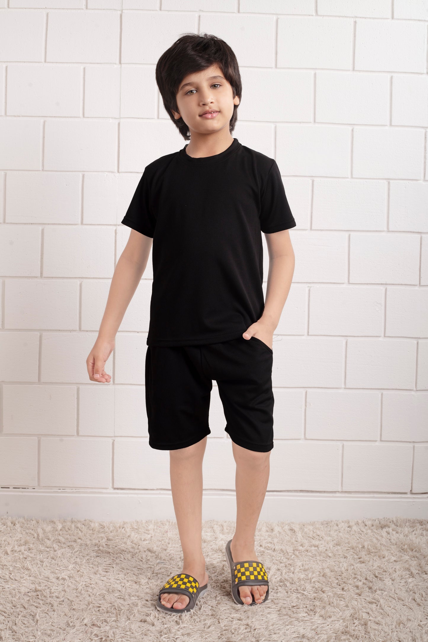 Black_Pure_Cotton _Mario_rib _kids_ shorts _set_Front