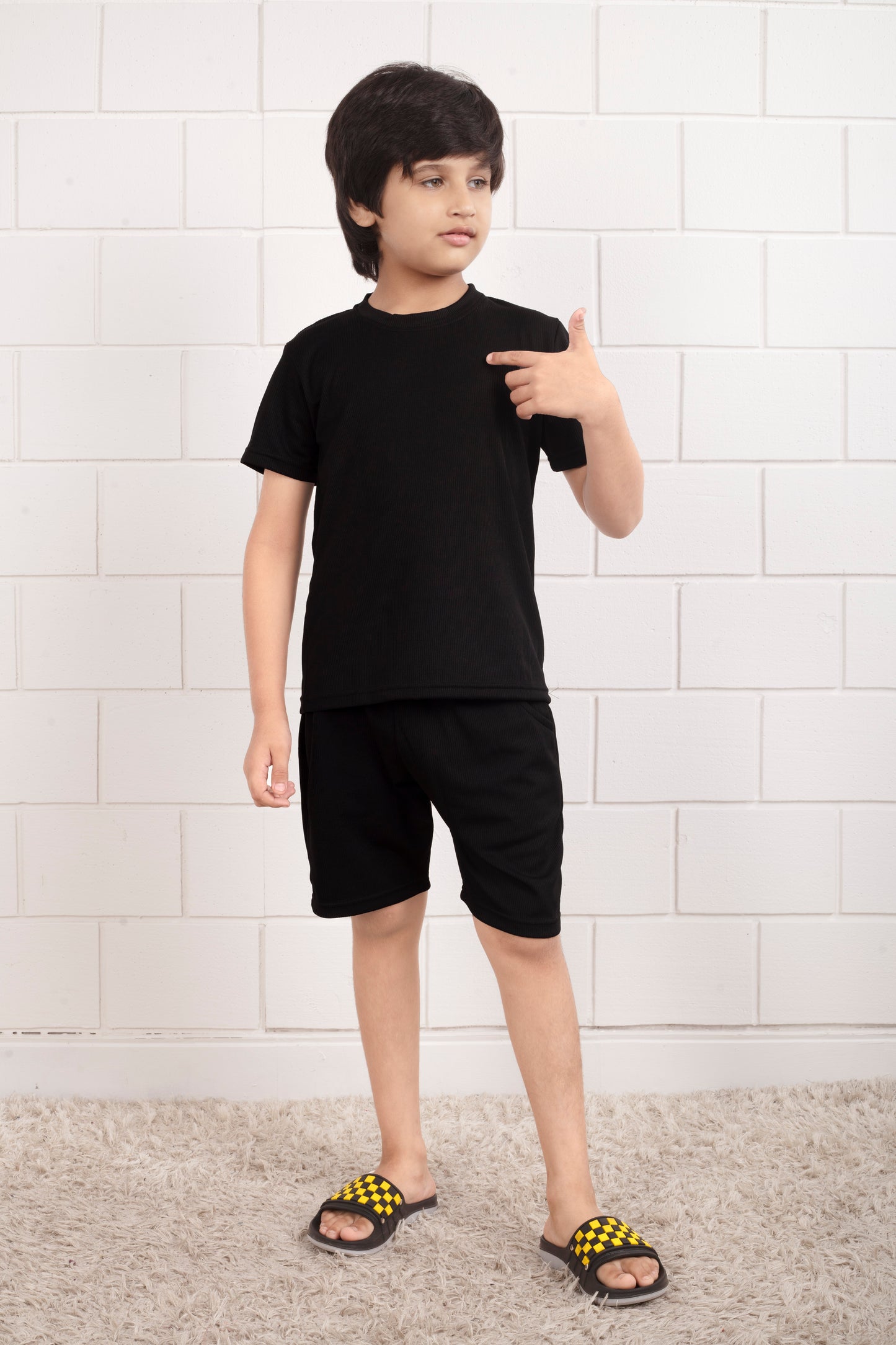 Black_Pure_Cotton _Mario_rib _kids_ shorts _set_Stylish