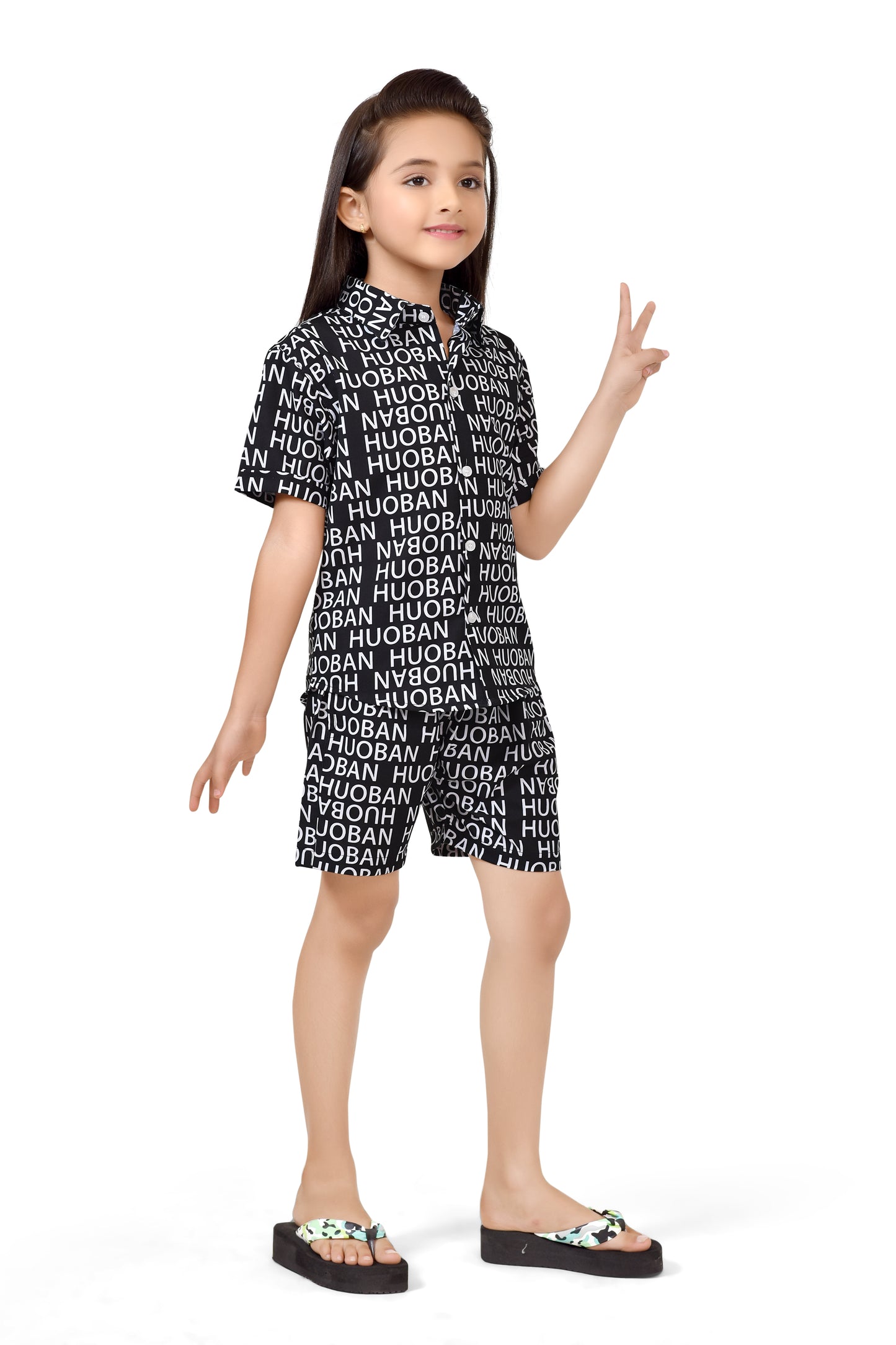Black Text Printed Stylish Cotton Girls Co-Ord Set - Stylist