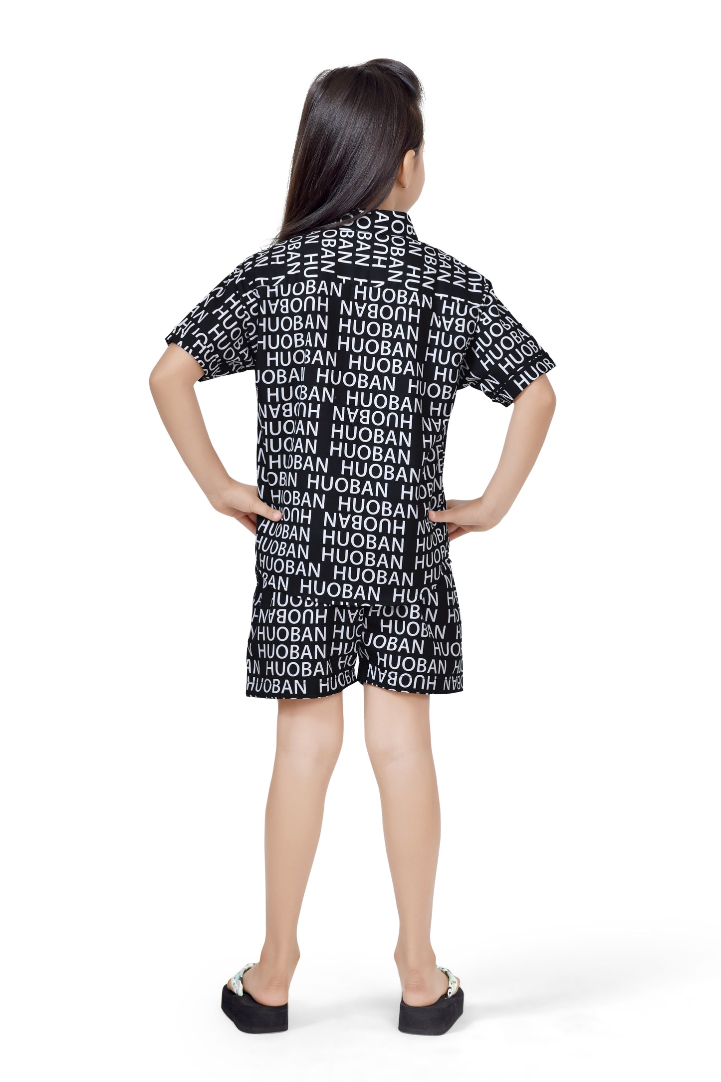 Black Text Printed Stylish Cotton Girls Co-Ord Set - Back