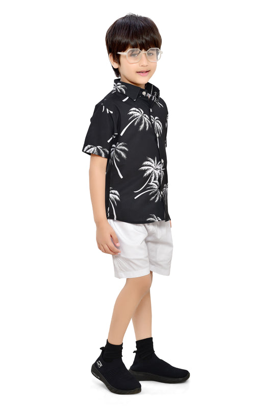 Black Tropical Coconut Printed Cotton Half Sleeve Shirt - Front