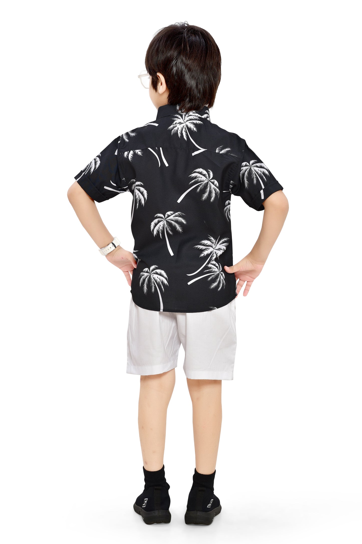 Black Tropical Coconut Printed Cotton Half Sleeve Shirt - Back