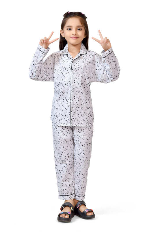 White & Black Polka Dot Girls Cotton Night Suit - Front View 2 | CLUB96