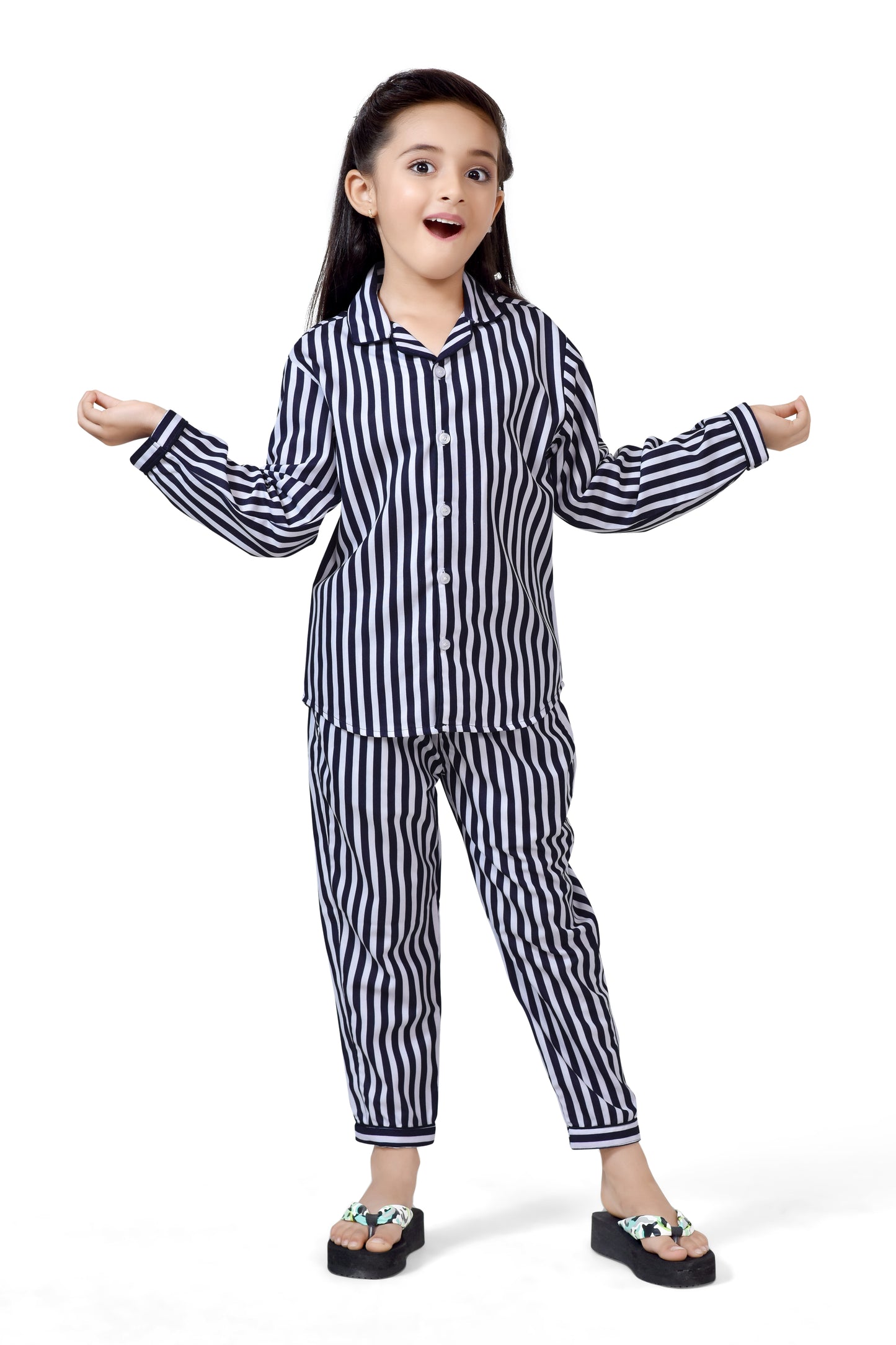 Black & White Stripe Printed Girls Nightsuit Dress - Front