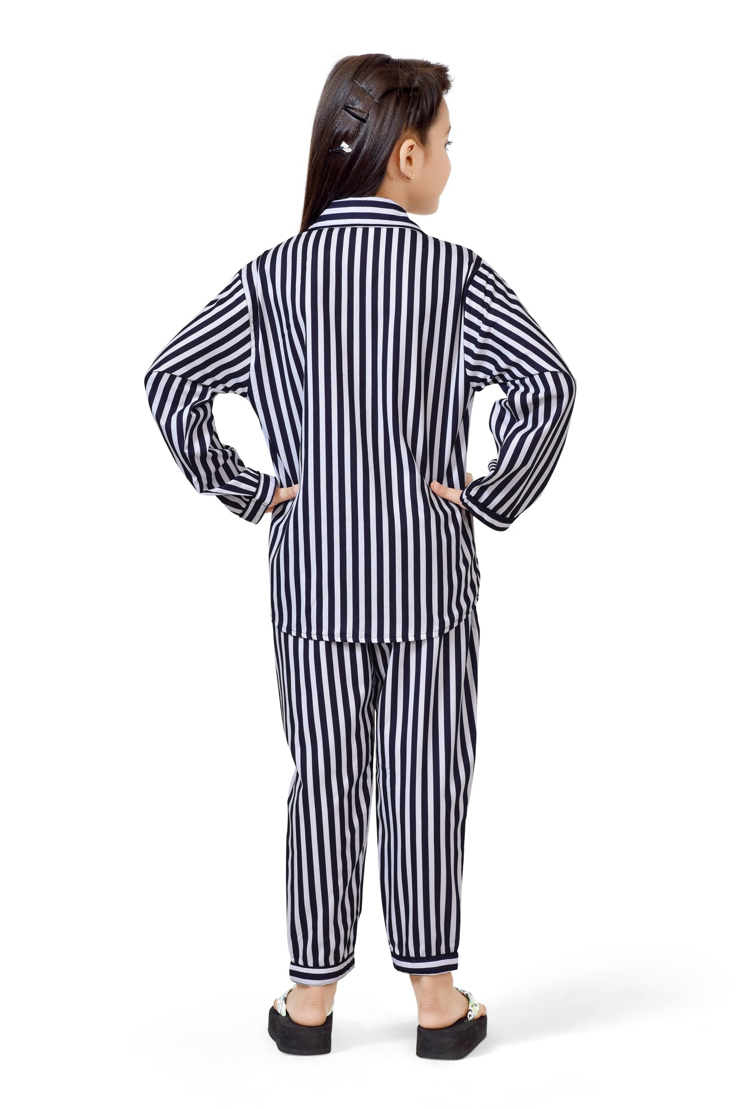 Black & White Stripe Printed Girls Nightsuit Dress - Back