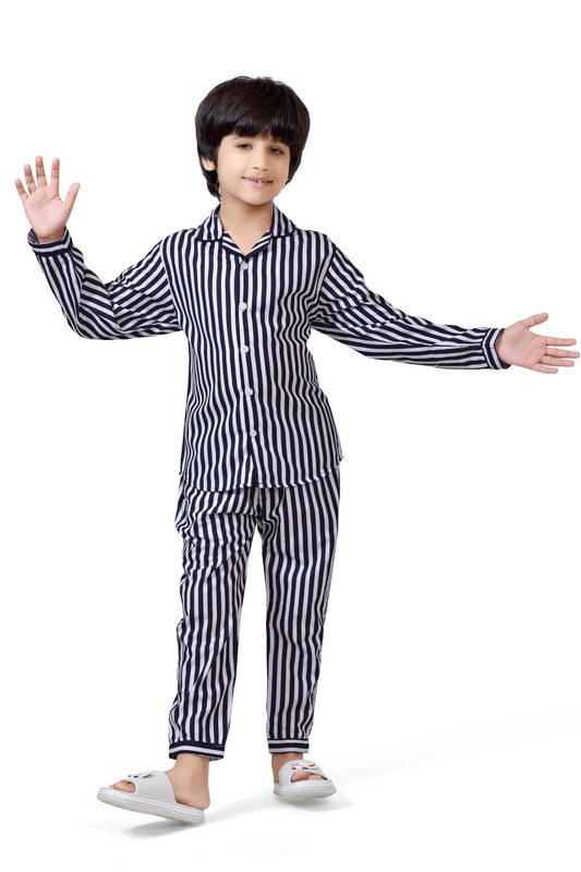 Black & White Stripe Printed Nightsuit Set - Club96.in