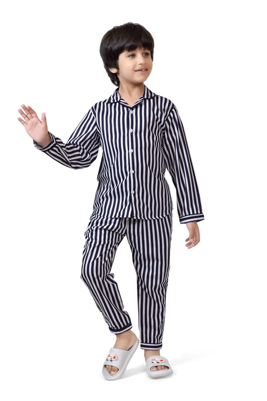 Black & White Striped Boys Cotton Night Suit - Front View 2 | CLUB96