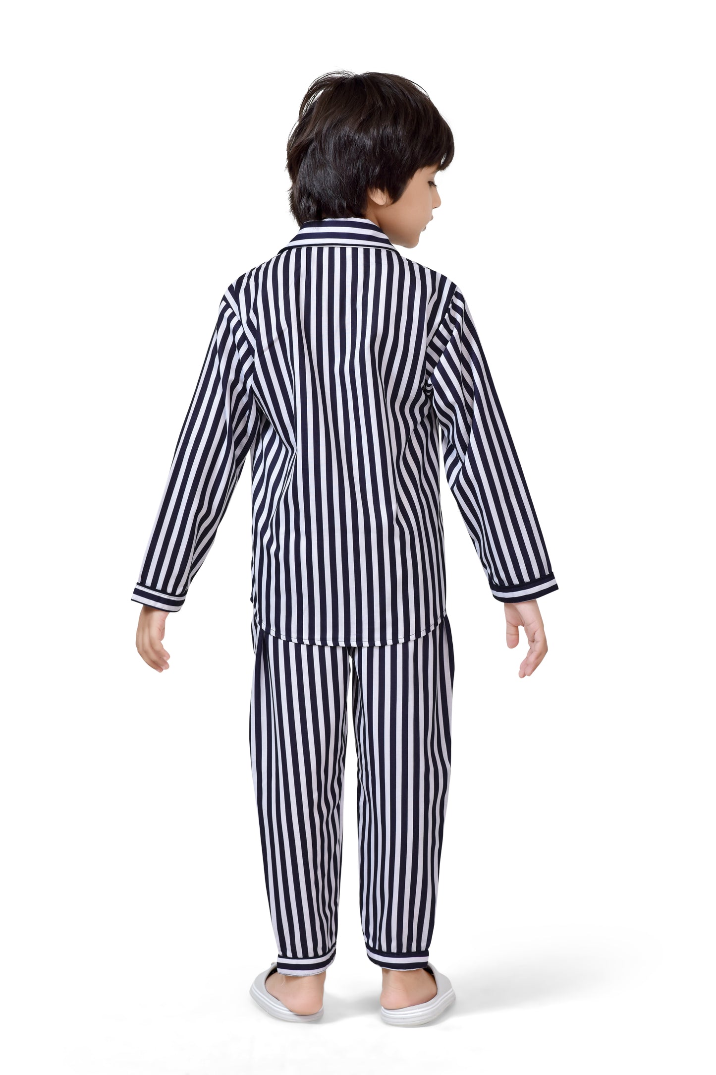Black & White Stripe Printed Nightsuit Set - Back