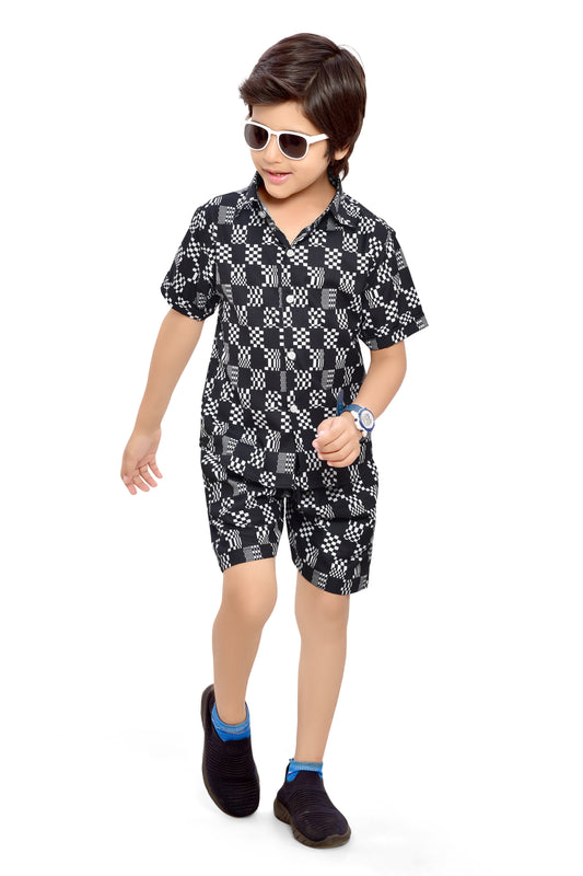 Black and White Abstract Checks Printed Cotton Shorts Boys Co-Ord Set - Club96