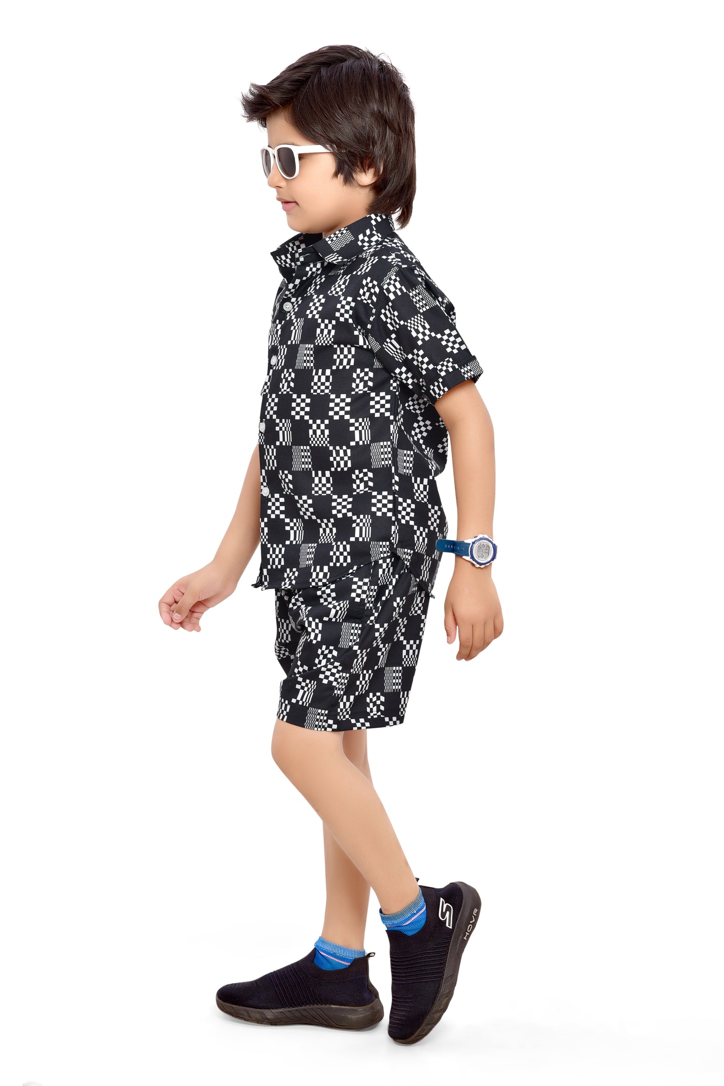 Black and White Abstract Checks Printed Cotton Shorts Boys Co-Ord Set - Front