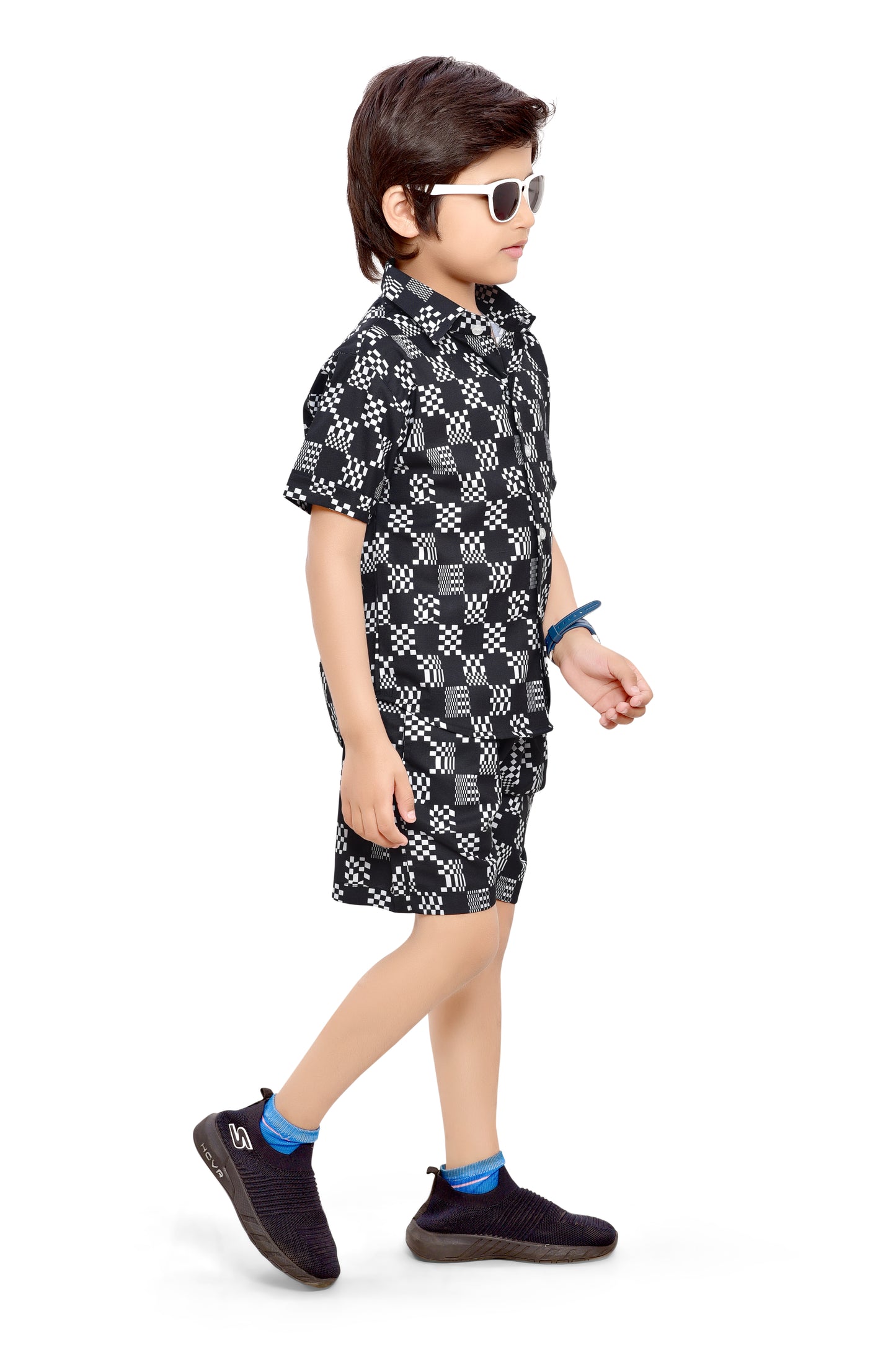 Black and White Abstract Checks Printed Cotton Shorts Boys Co-Ord Set - Stylist